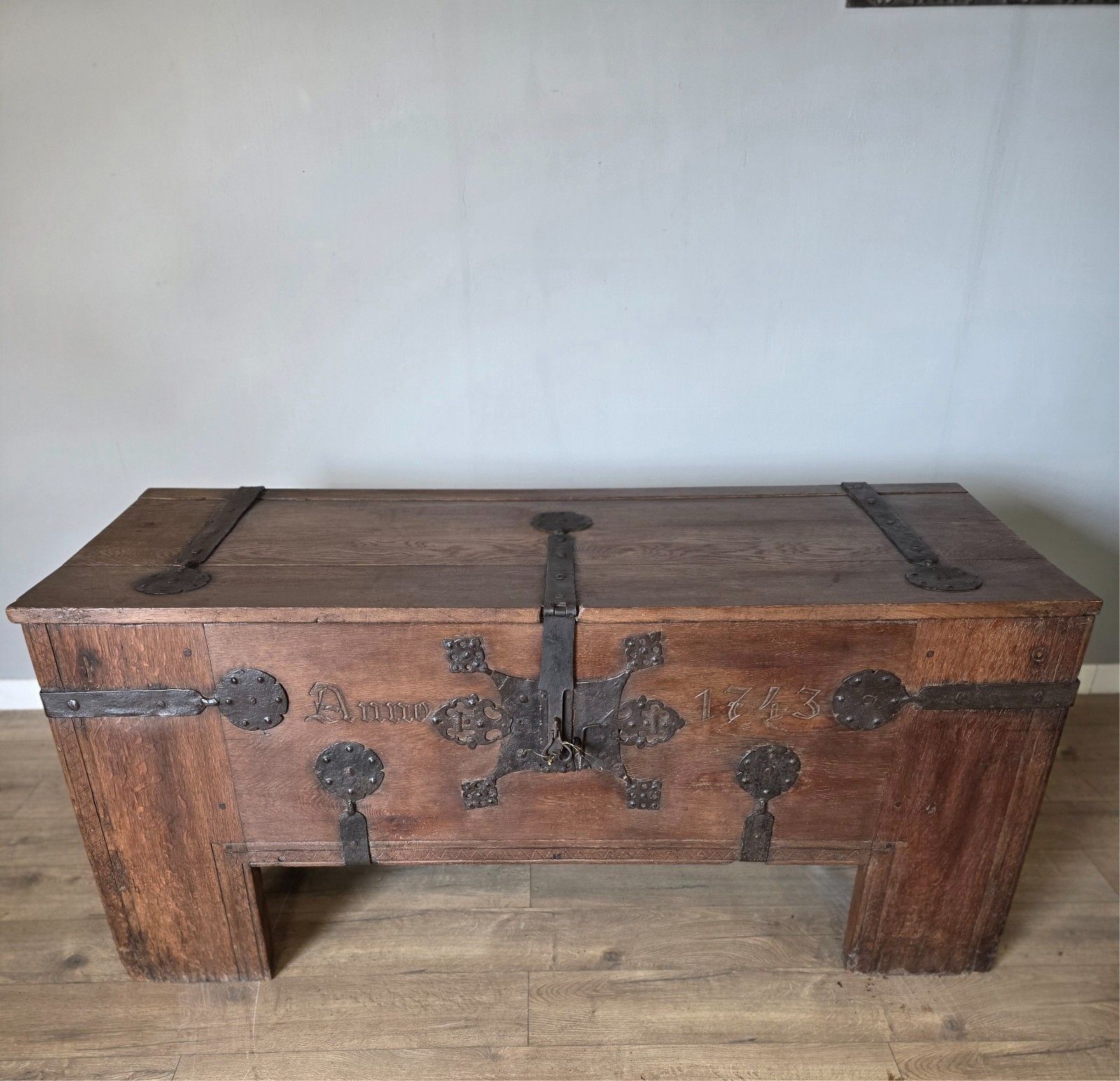 Dated Oak Ironbound Westphalian Coffeur photo for sale
