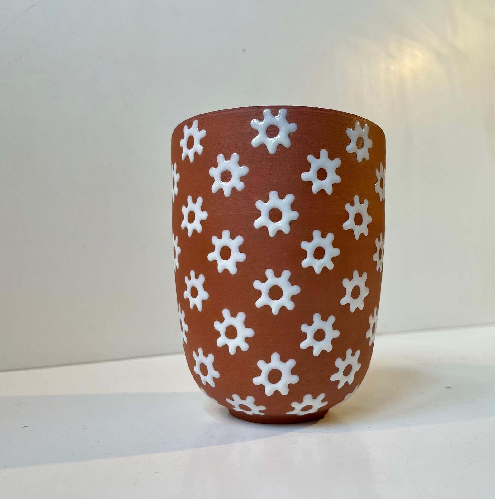 Edith Nielsen Ceramic Vase With White Flowers For Zeuthen 1950s photo for sale