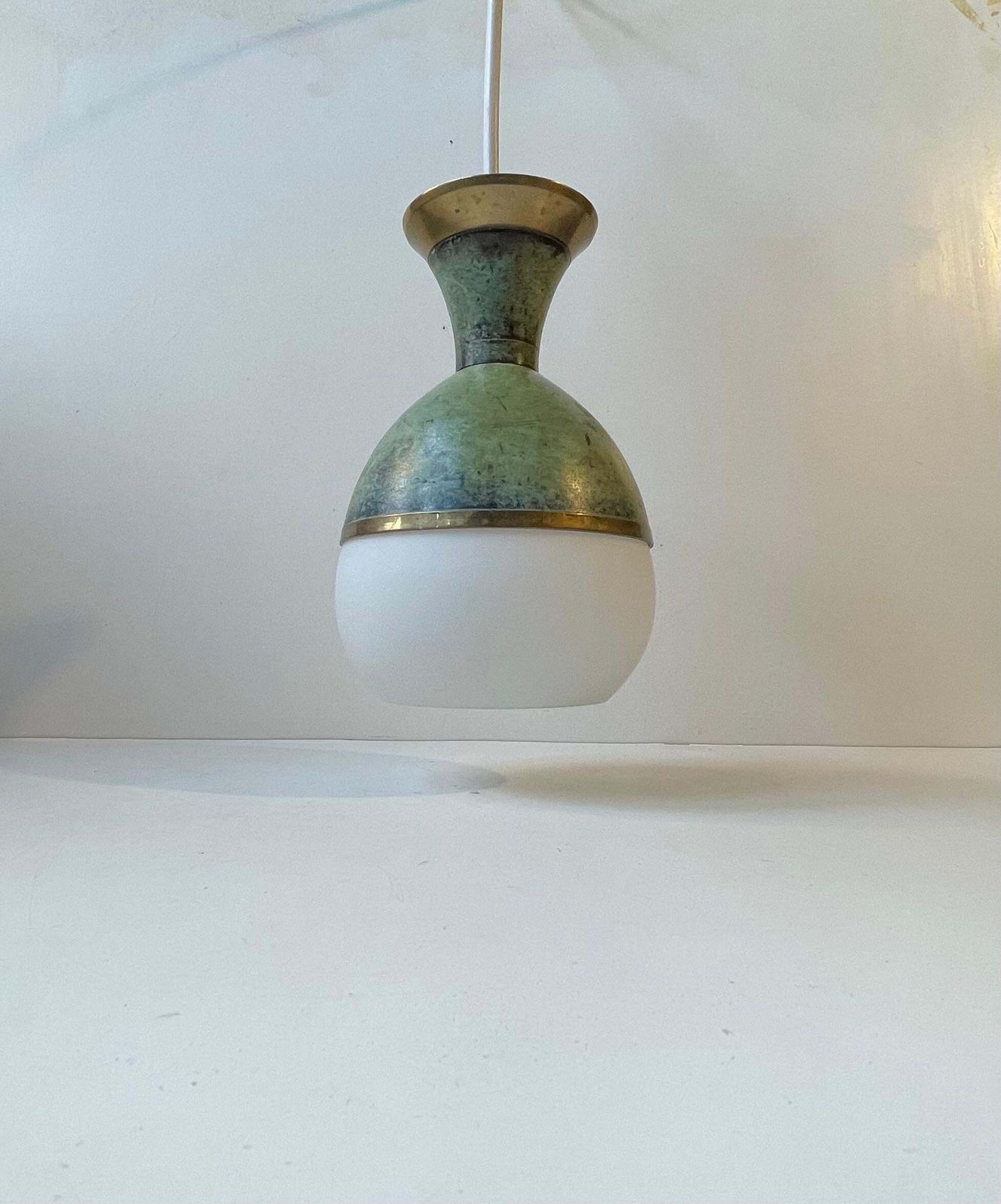 Art Deco Revival Pendant Lamp In Green Verdigris Bronze & White Glass photo Lighting