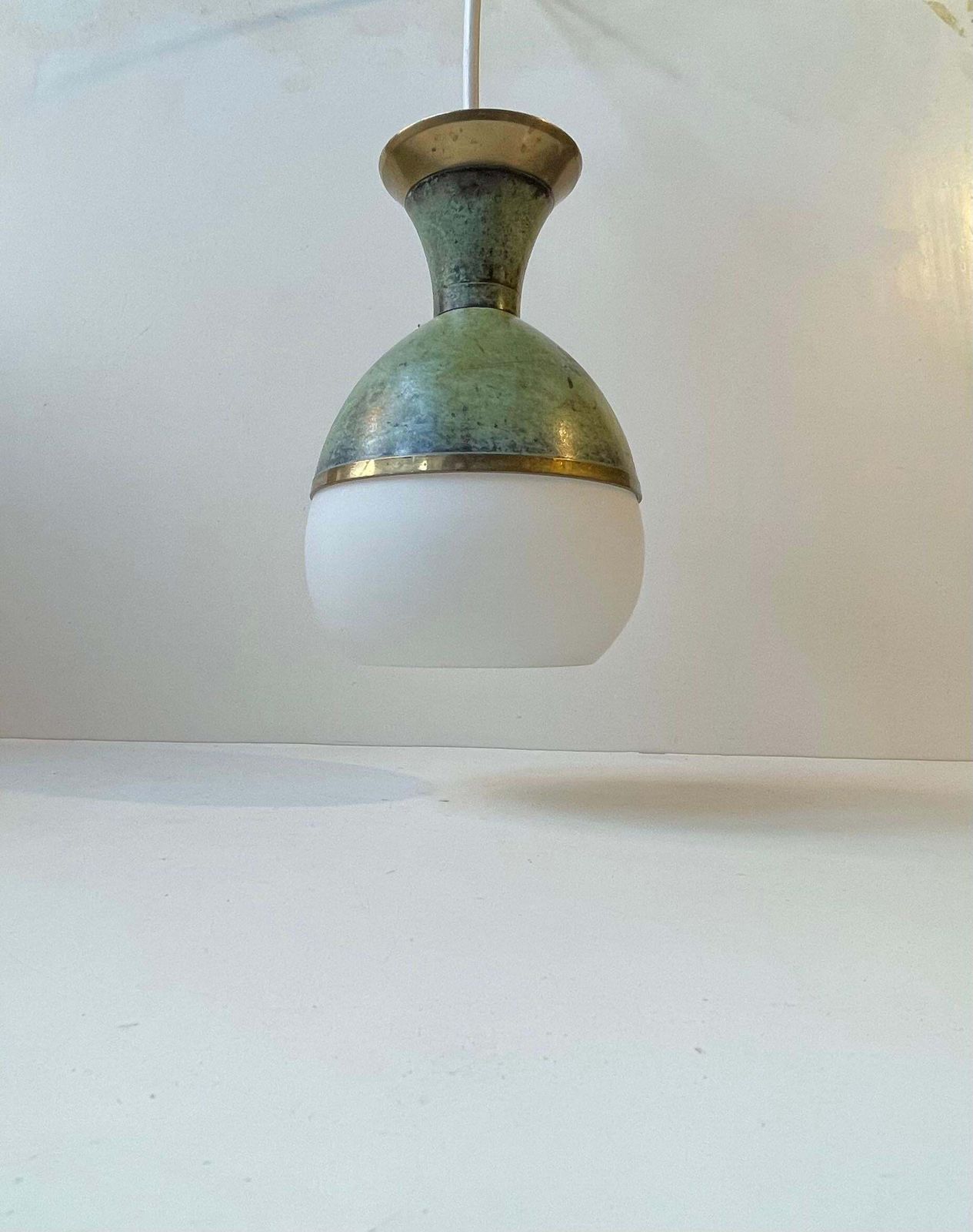 photo furniture Art Deco Revival Pendant Lamp In Green Verdigris Bronze & White Glass