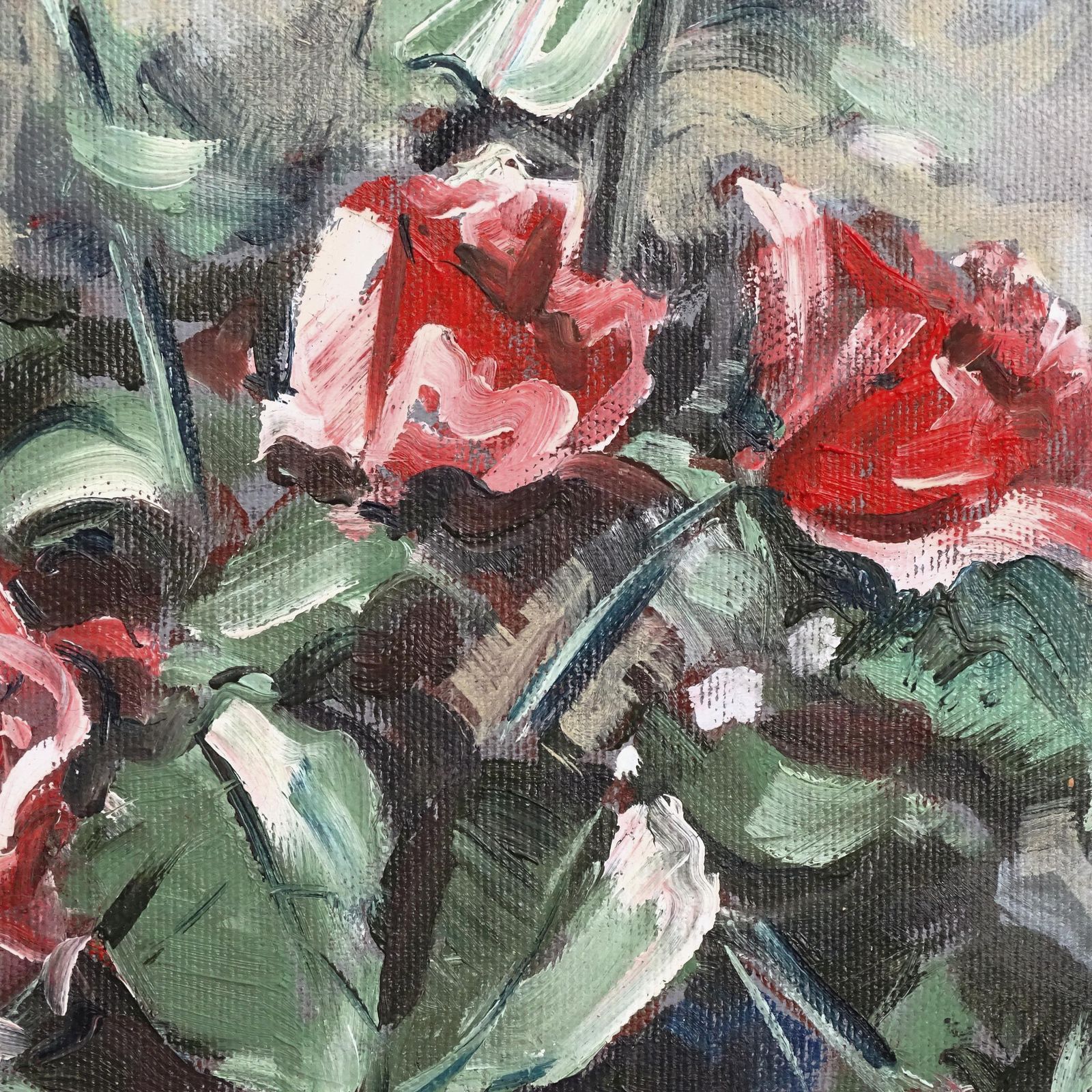 Red Roses Oil Painting: Impressionist Floral Still Life In Blue Vase, Framed photo furniture