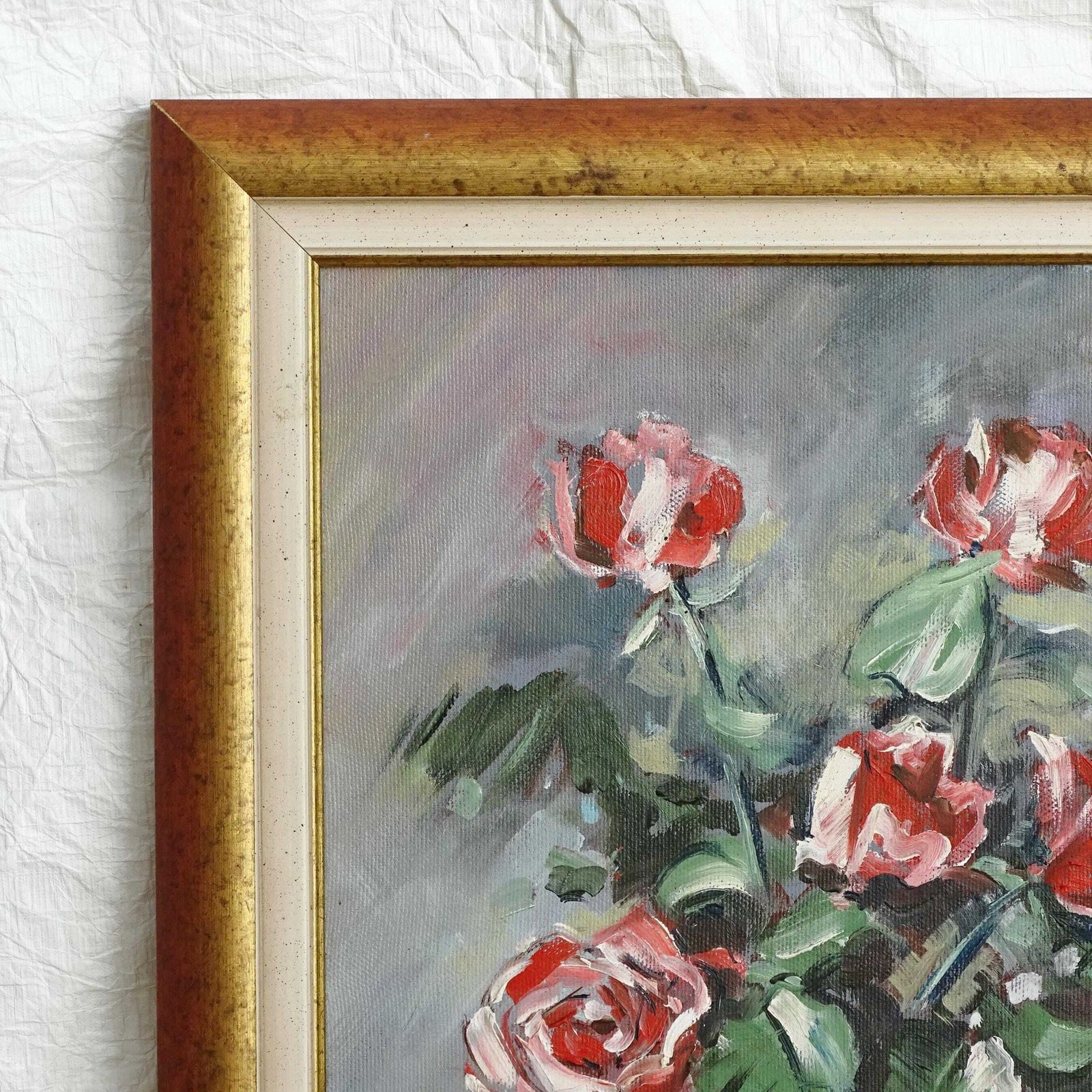 Red Roses Oil Painting: Impressionist Floral Still Life In Blue Vase, Framed photo for sale