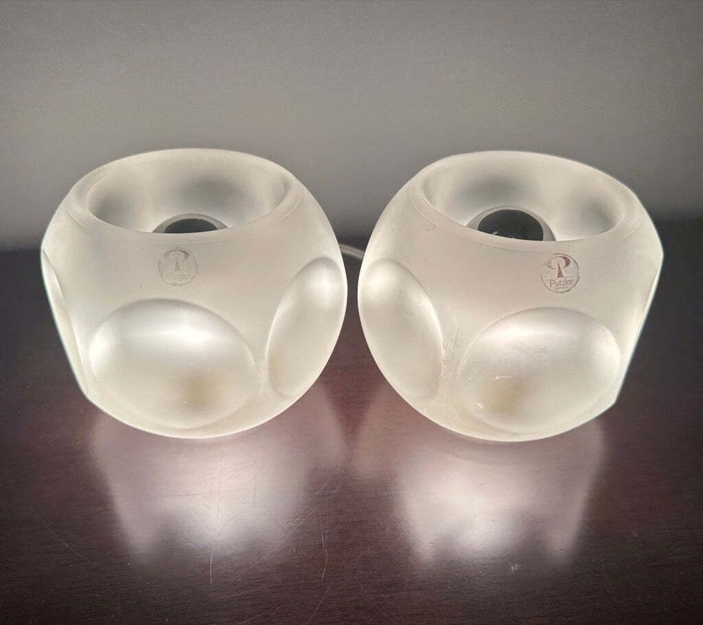 Pair Of 1970s German Peill & Putzler Frosted Circular Concave Glass Table Lamps photo vinterior