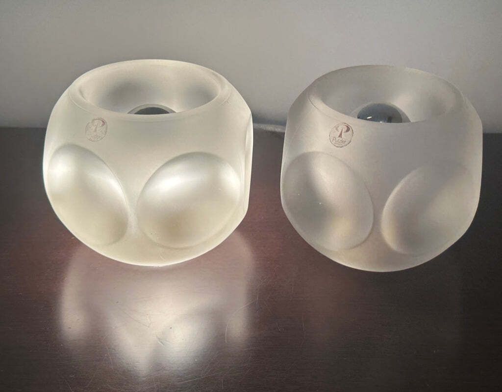 Pair Of 1970s German Peill & Putzler Frosted Circular Concave Glass Table Lamps photo vintage
