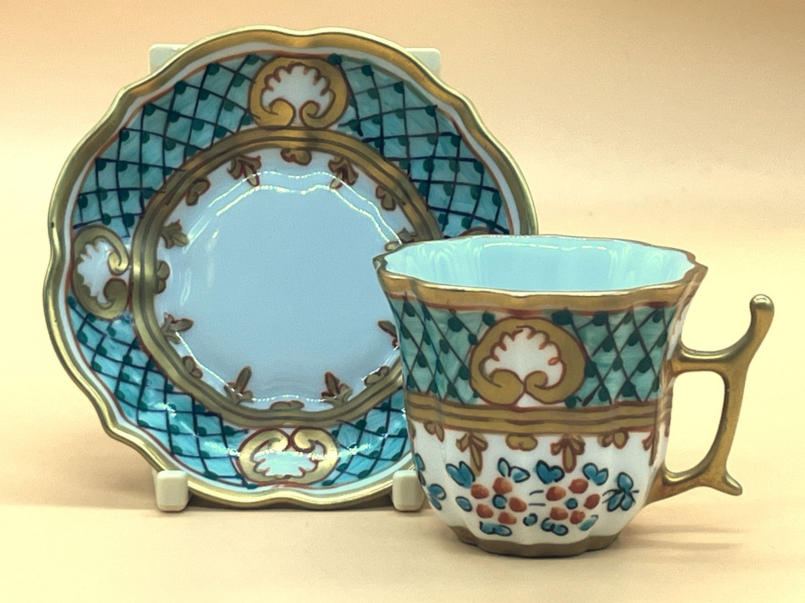 Dumont Limoges Porcelain Hand Painted Floral Miniature Decorative / Cabinet Display Tea Cup And Saucer Duo.