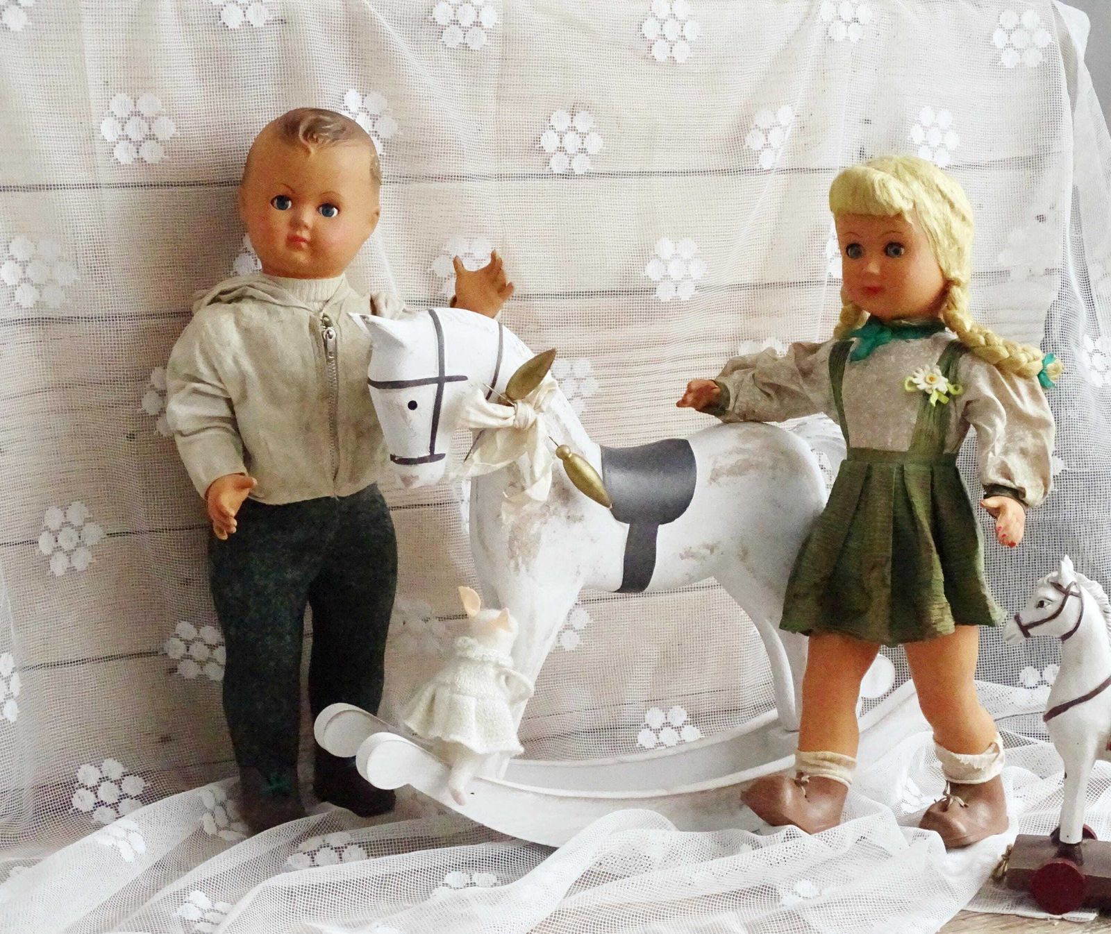 Set Antique French Composition Dolls Girl Boy, Doll Sleeping Eyes, Pair Jointed Dolls, Blonde Long Hair Doll, Vintage Collectible Art Dolls photo buy