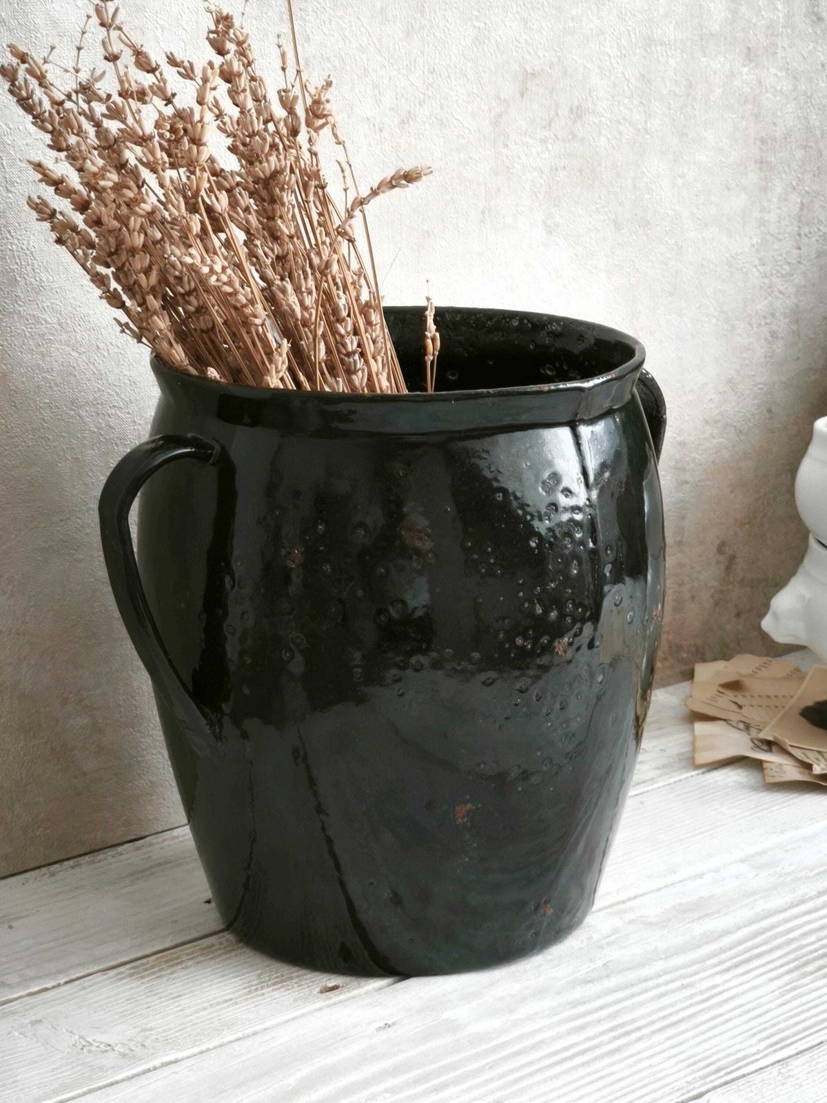 Antique Enameled Cast Iron Pot: Farmhouse Kitchen Decor, Metal Planter photo vinterior