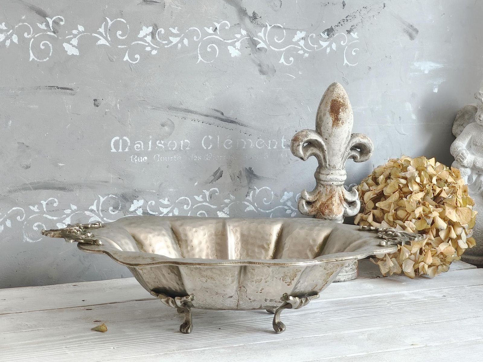 Large Hammered Pewter Footed Dish, Bowl, Vintage Italian Metal Tureen, Ornate Jardiniere photo for sale