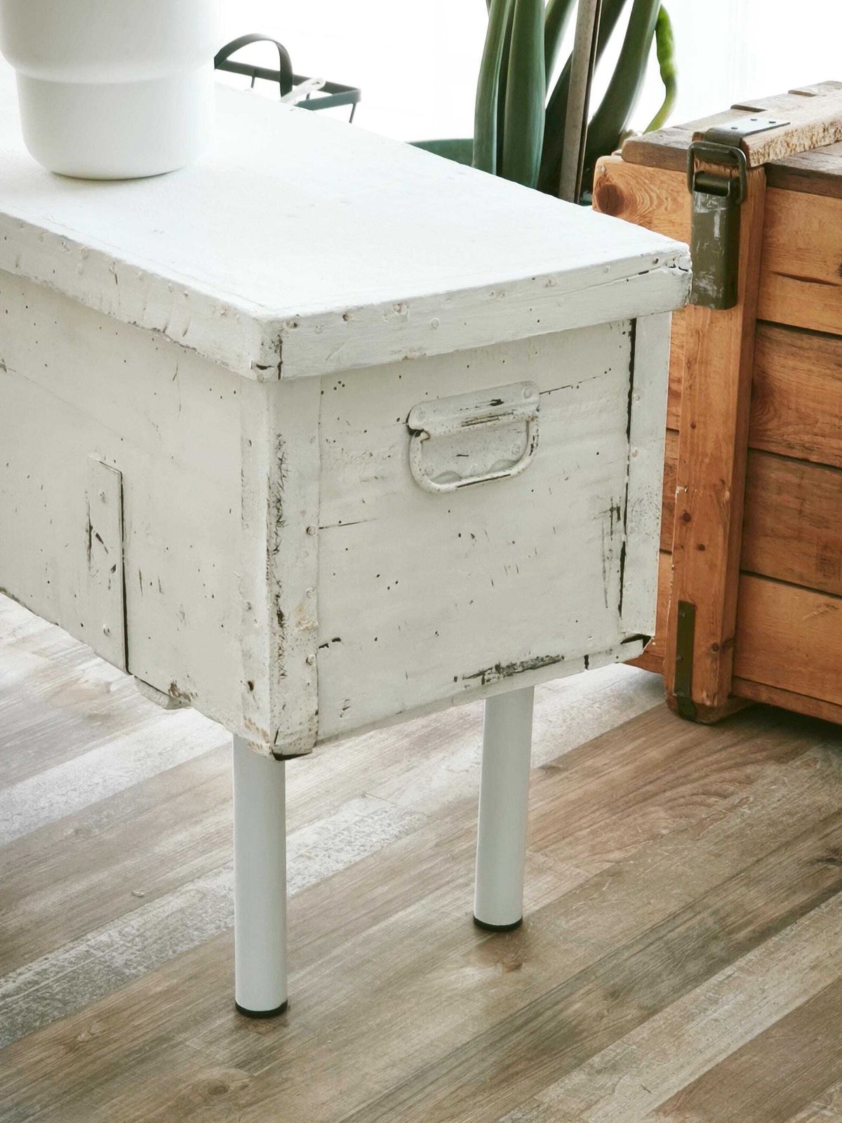 Antique White Wood Storage Bench: Shabby Chic Farmhouse Trunk, Industrial Legs photo furniture