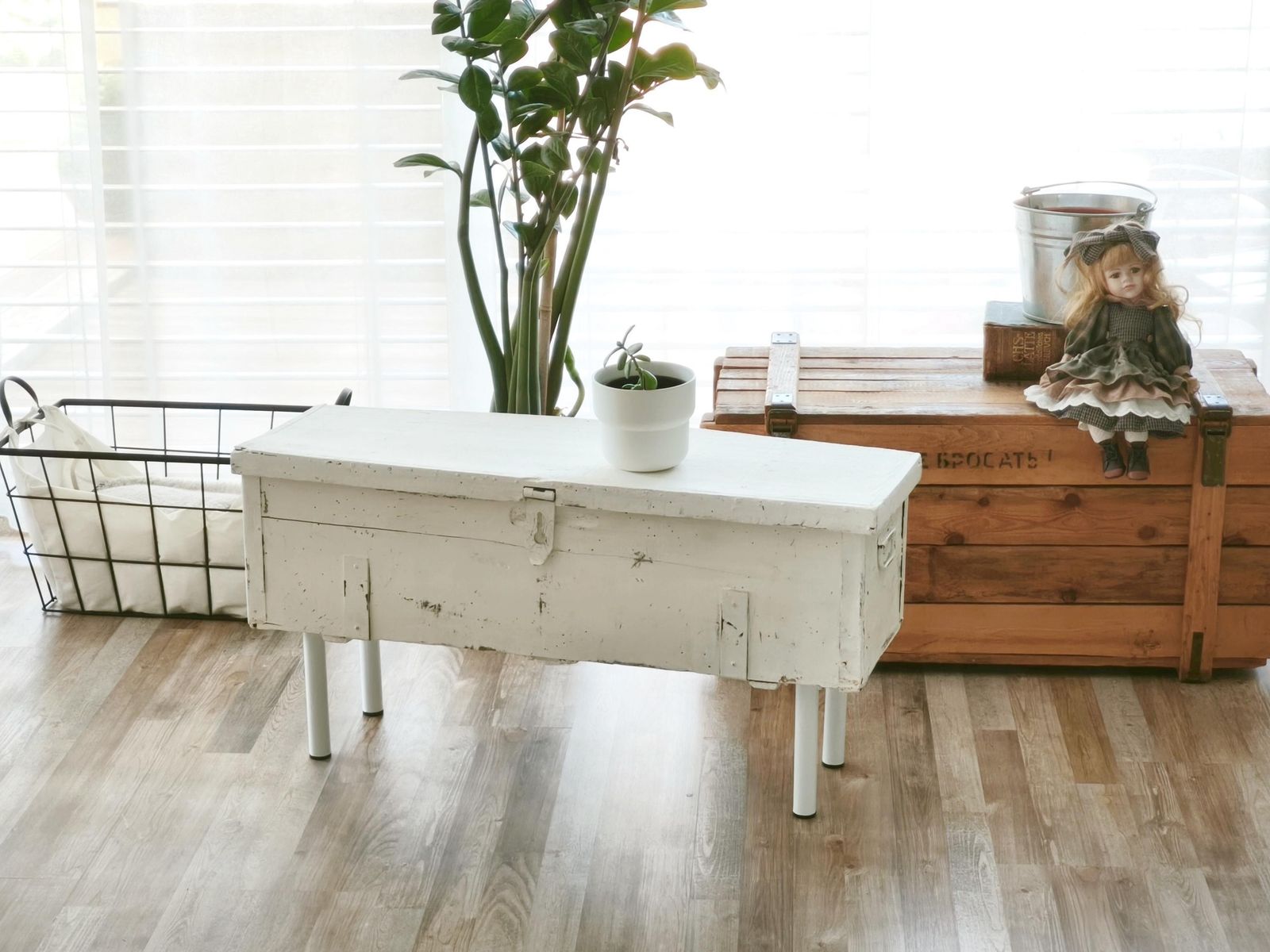 Antique White Wood Storage Bench: Shabby Chic Farmhouse Trunk, Industrial Legs photo for sale