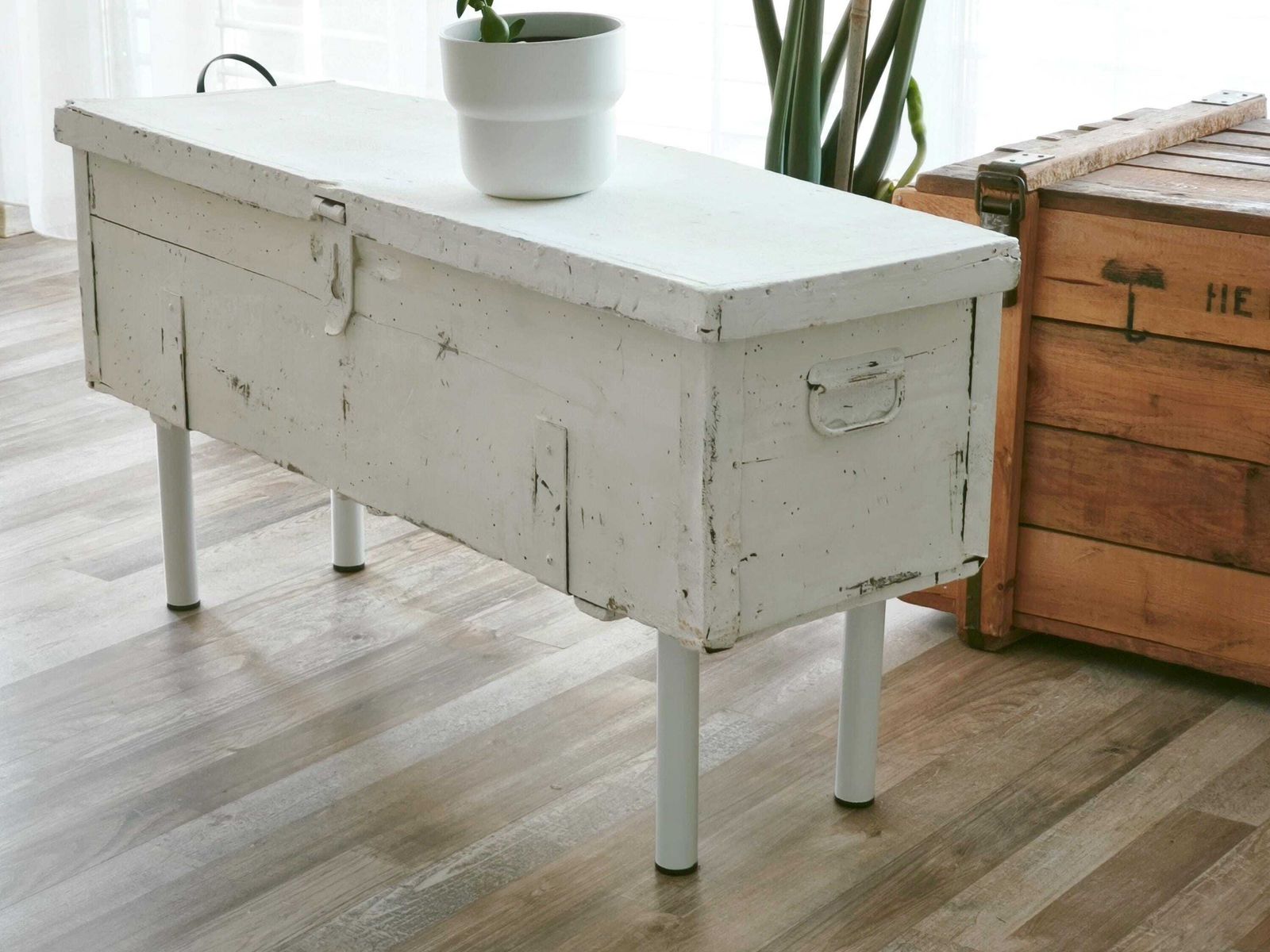 Antique White Wood Storage Bench: Shabby Chic Farmhouse Trunk, Industrial Legs photo 200.0