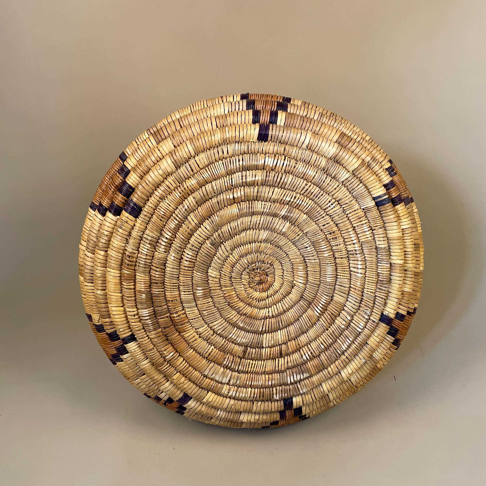 Vintage Round African Handmade Snake Charm Basket Woven Wicker Brown Antique Storage Patterned Circular Decorative Colourful Africa Lid photo buy