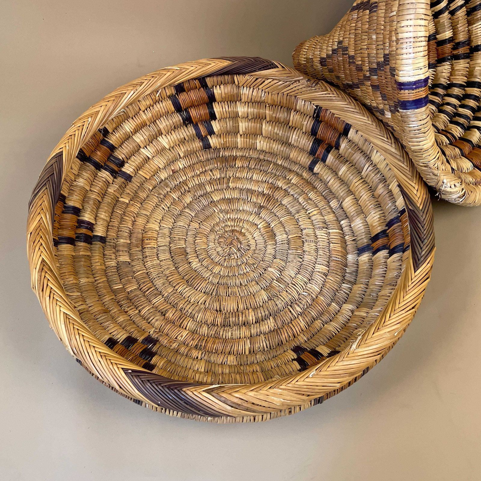 Vintage Round African Handmade Snake Charm Basket Woven Wicker Brown Antique Storage Patterned Circular Decorative Colourful Africa Lid photo vintage