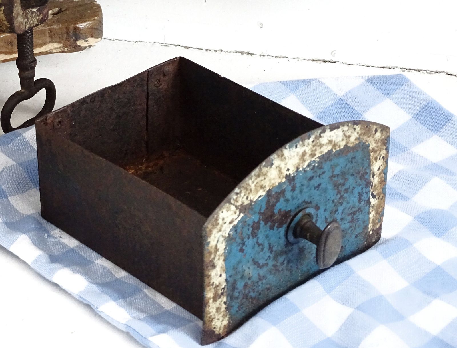 Large Antique Blue Metal Coffee Grinder: French Farmhouse Industrial Or Kitchen Decor photo vinterior