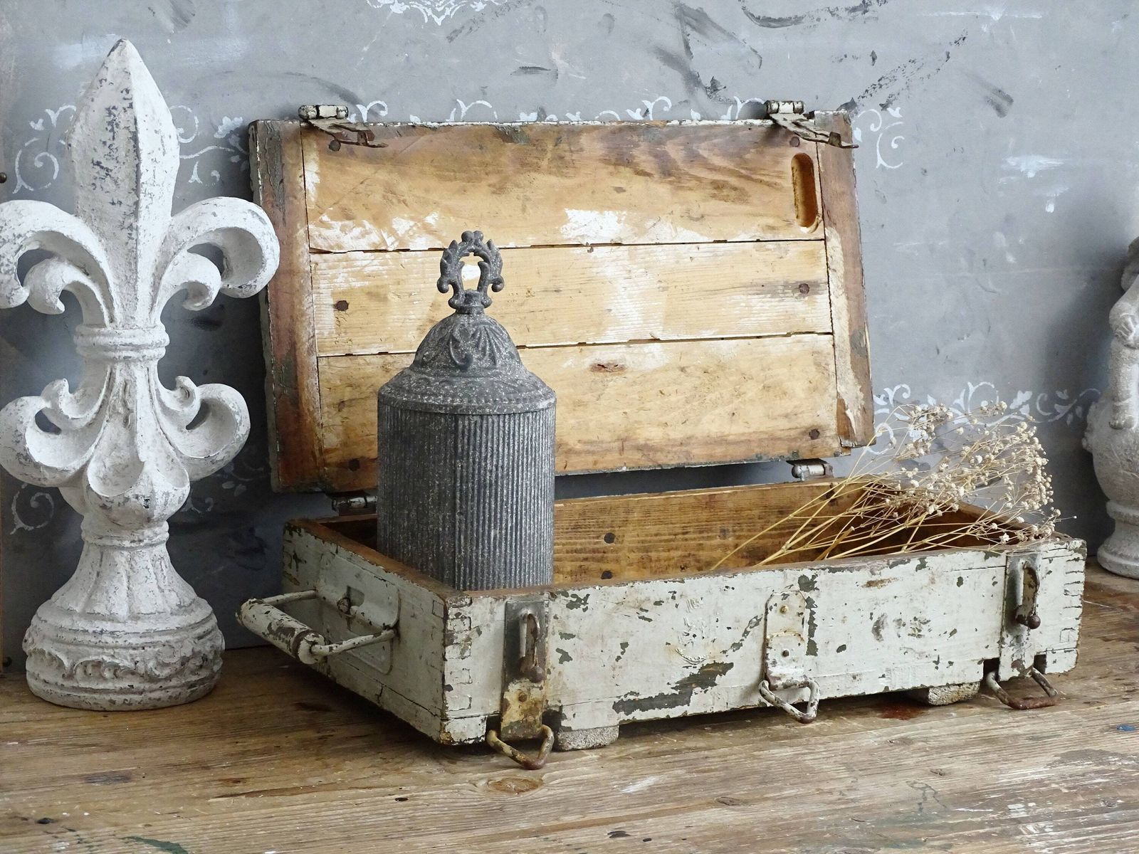 Antique Gray Wood Trunk Crate Box, Footlocker: Chippy Paint Steamer Trunk, Industrial Storage photo for sale
