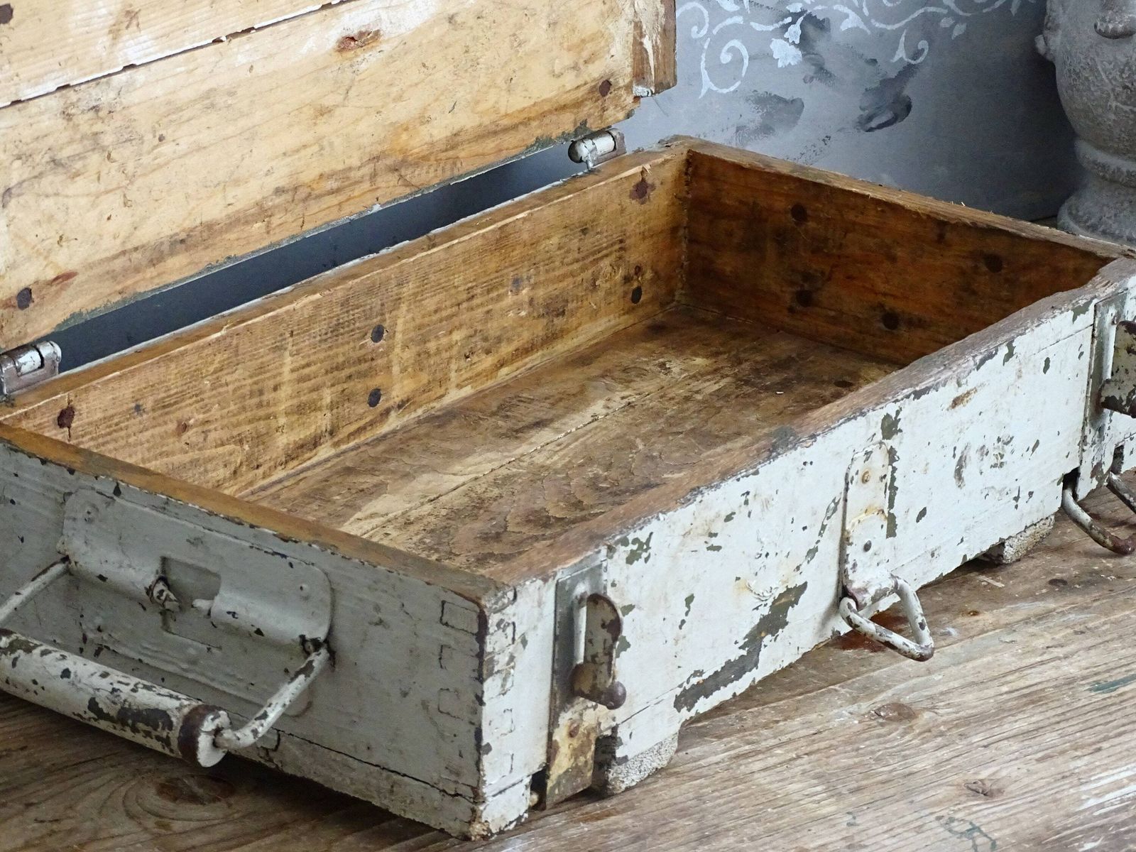 photo furniture Antique Gray Wood Trunk Crate Box, Footlocker: Chippy Paint Steamer Trunk, Industrial Storage