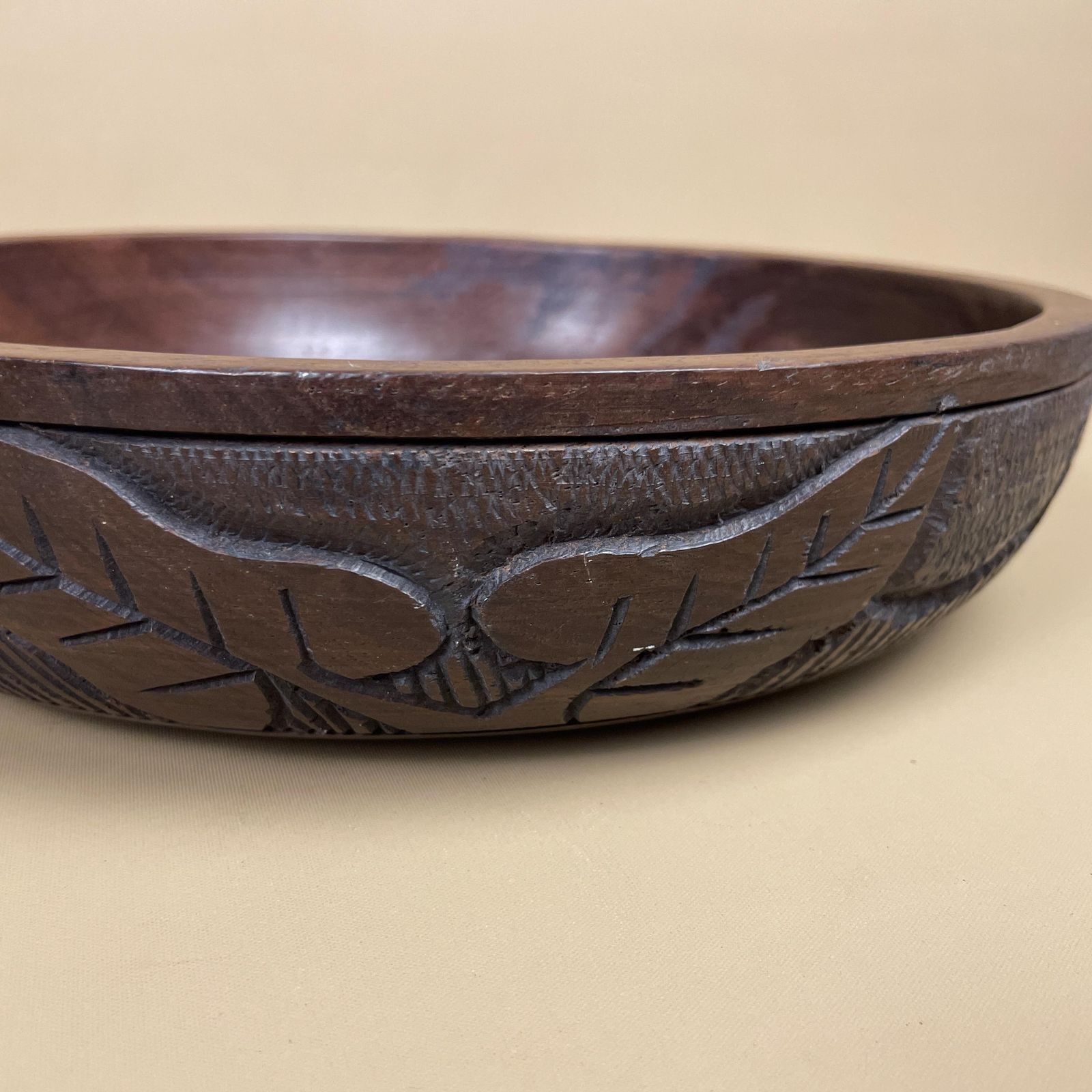 Vintage Hand Carved Wooden Bowl With Leaf Design Motif Rustic Farmhouse Cottage Tableware Decor Dark Finished Wood Low Profile Rim photo Home Decor