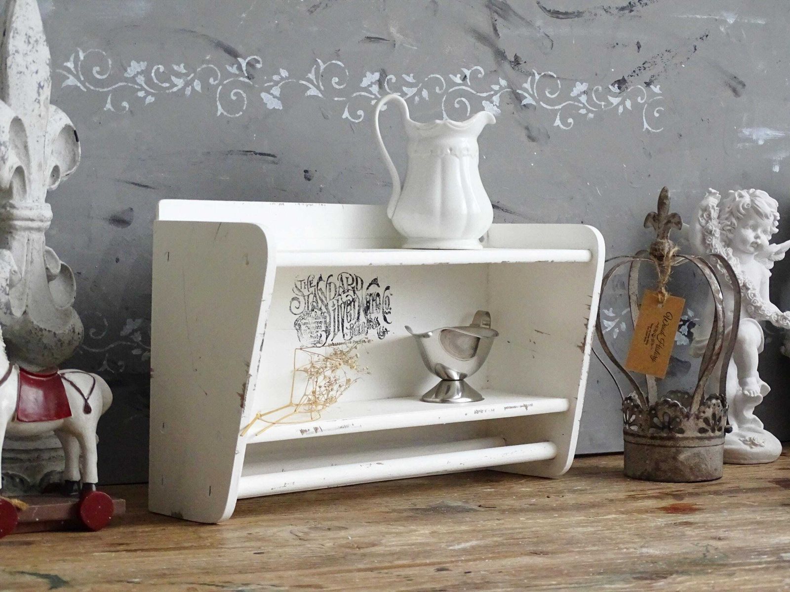 Shabby Chic White Wood Bathroom Shelf With Towel Bar