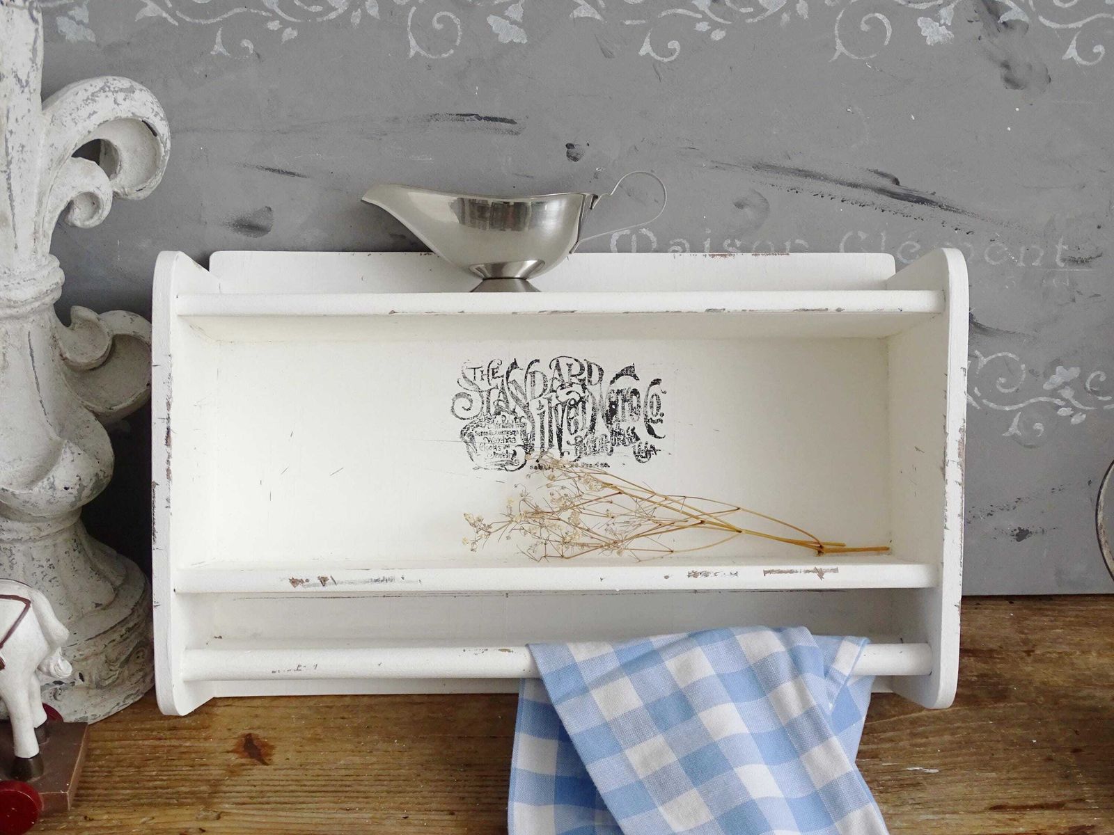 Shabby Chic White Wood Bathroom Shelf With Towel Bar photo furniture