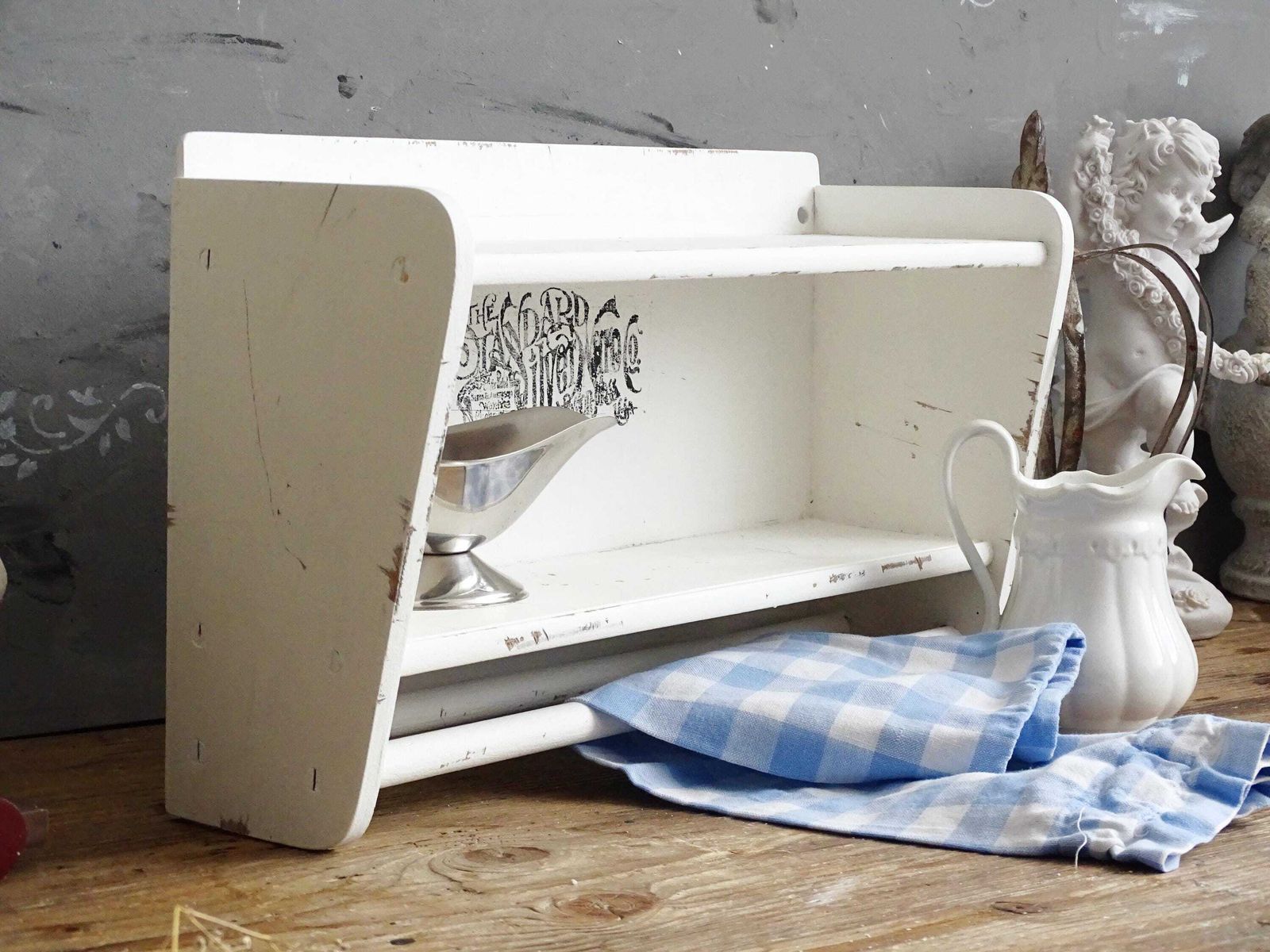Shabby Chic White Wood Bathroom Shelf With Towel Bar photo for sale