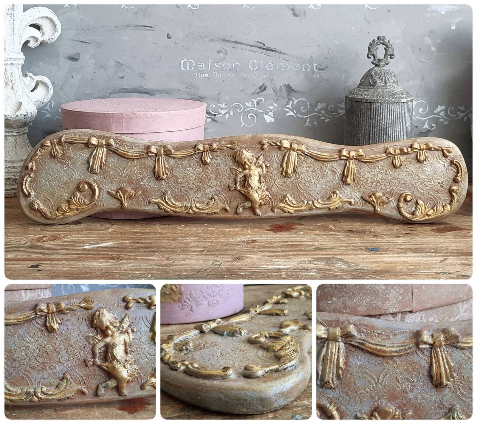 Baroque Cherub Wood Wall Plaque, Angel Panel: French Shabby Chic Decor photo vintage