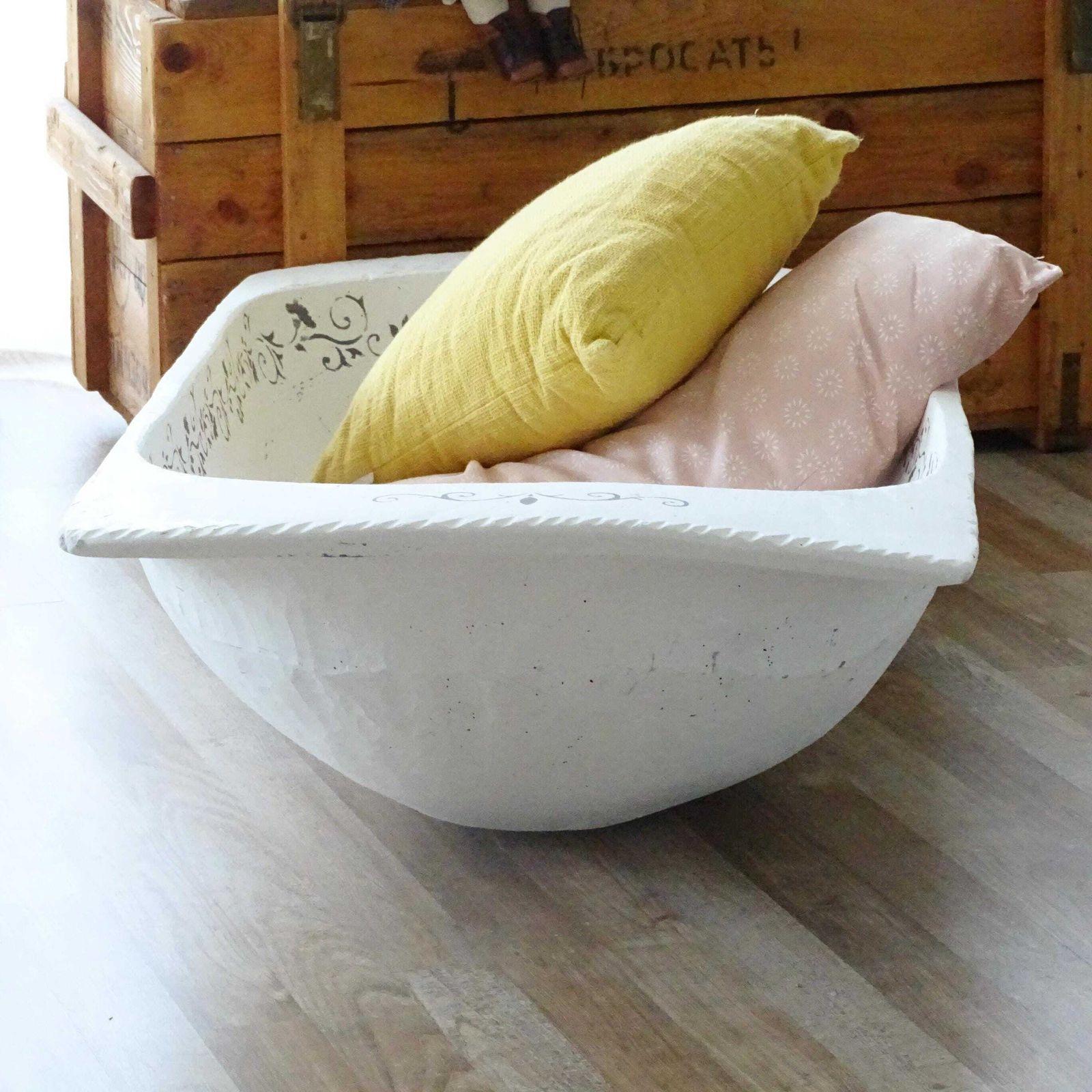 photo for sale Extra Large Antique Wooden Trug: Hand Carved Shabby Chic Basket