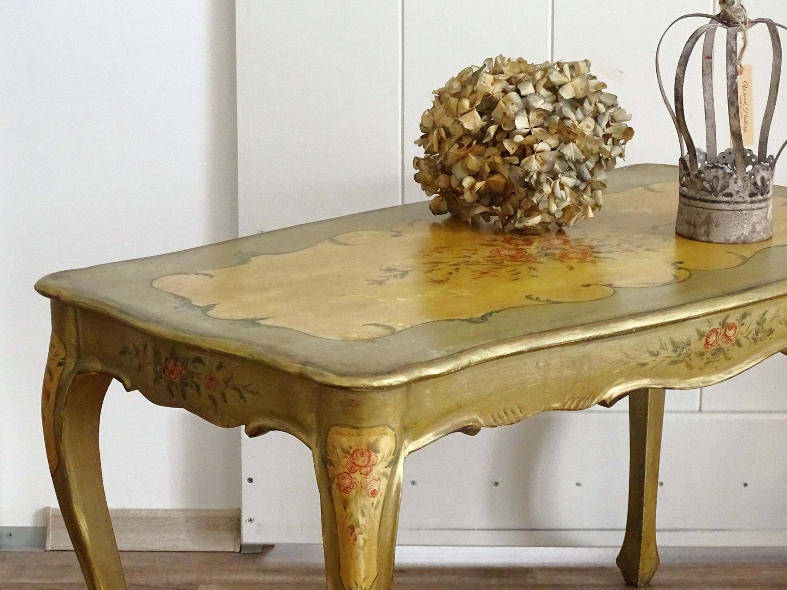 Olive Green Wood Coffee Table, Curved Legs, Hand Painted Floral Design, Shabby Chic photo furniture