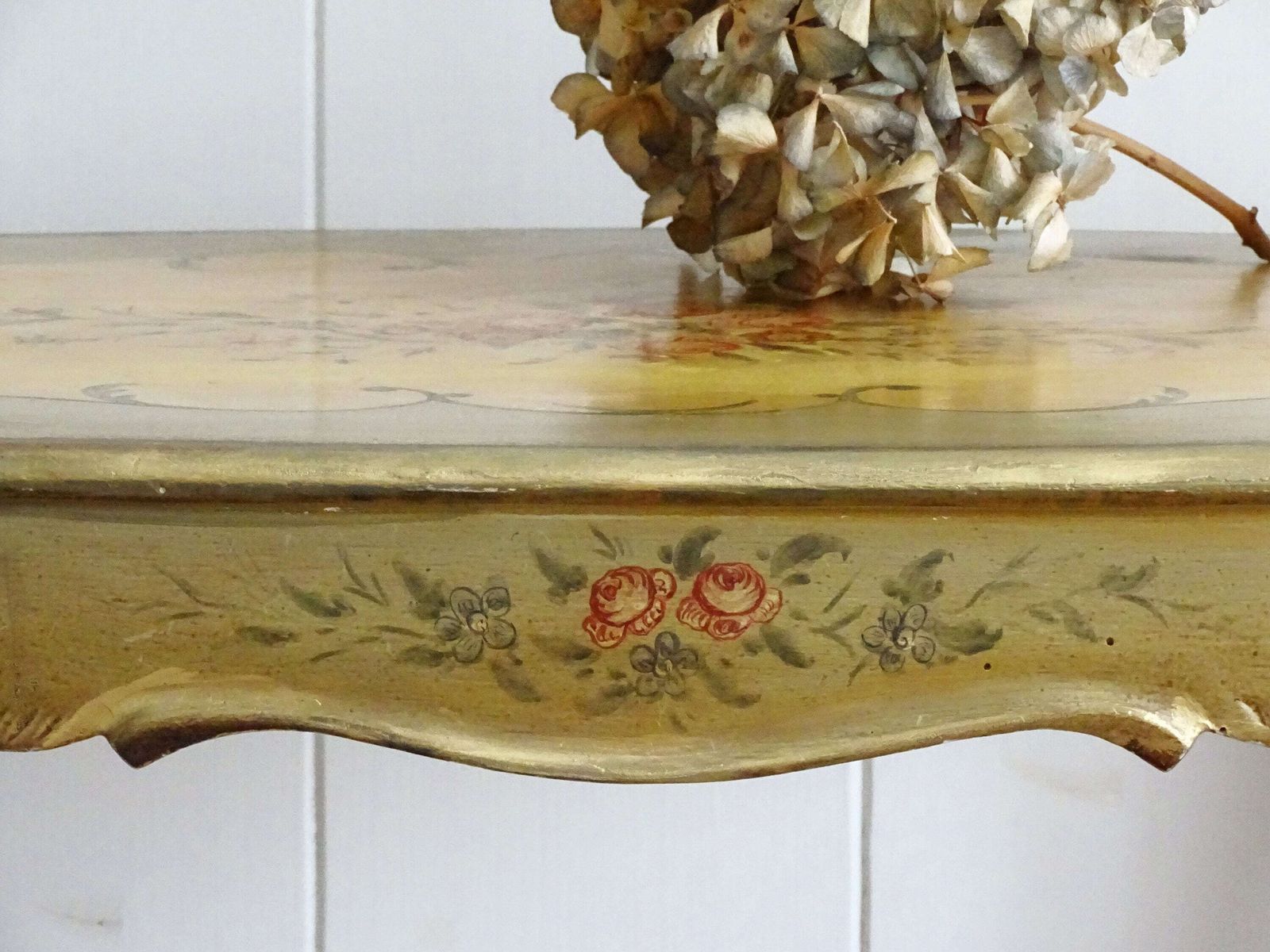 Olive Green Wood Coffee Table, Curved Legs, Hand Painted Floral Design, Shabby Chic photo vintage
