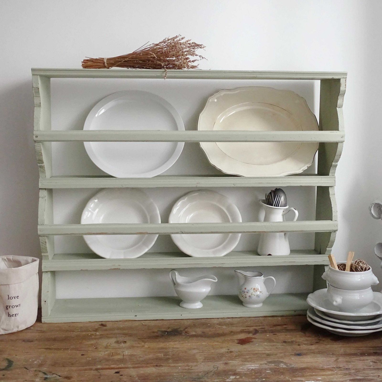 Green French Wood 3 Tier Plate Rack: Shabby Chic Farmhouse Display photo 310.0