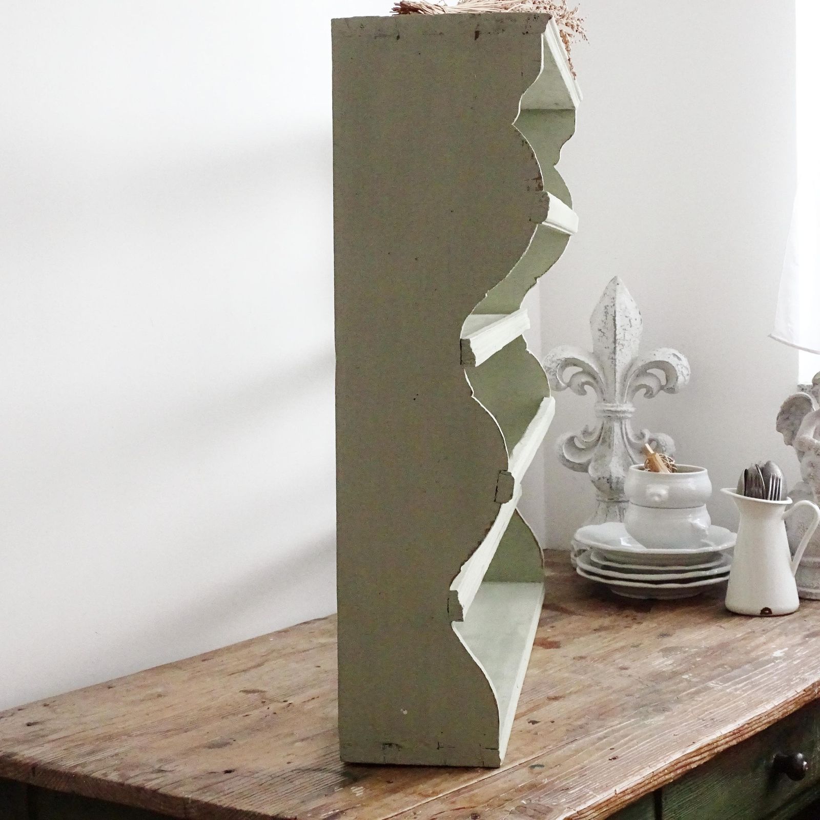 Green French Wood 3 Tier Plate Rack: Shabby Chic Farmhouse Display photo buy