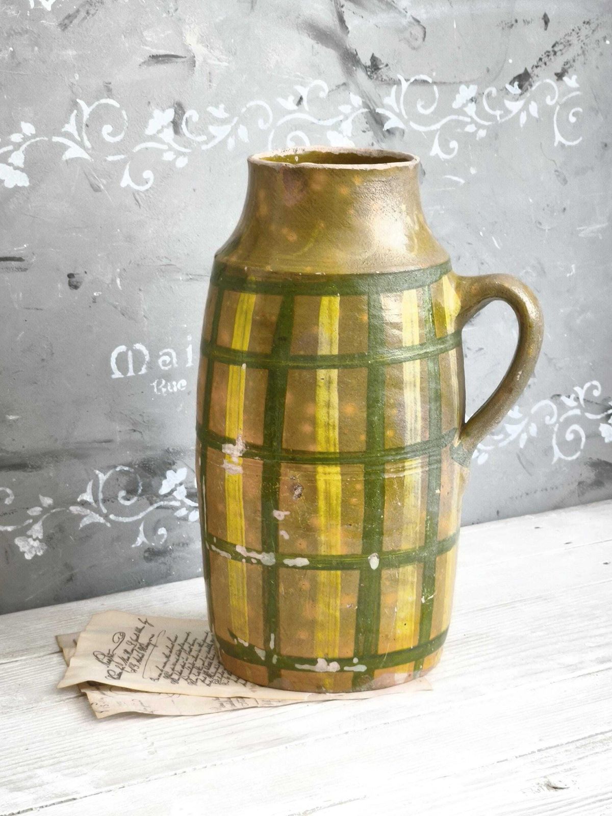 Antique French Stoneware Vase Green Yellow Stripes: Hand Painted Pottery, Farmhouse Decor photo for sale