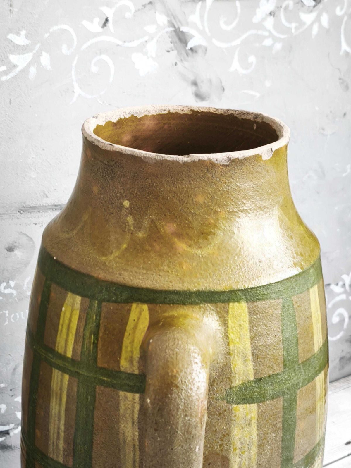 Antique French Stoneware Vase Green Yellow Stripes: Hand Painted Pottery, Farmhouse Decor photo Home Decor