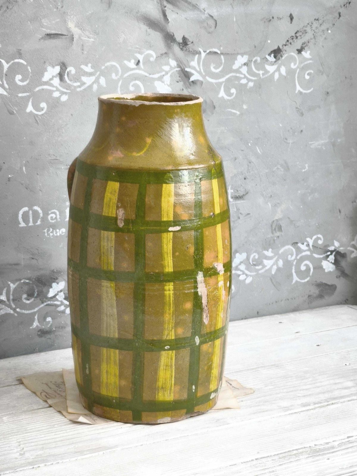 Antique French Stoneware Vase Green Yellow Stripes: Hand Painted Pottery, Farmhouse Decor photo buy