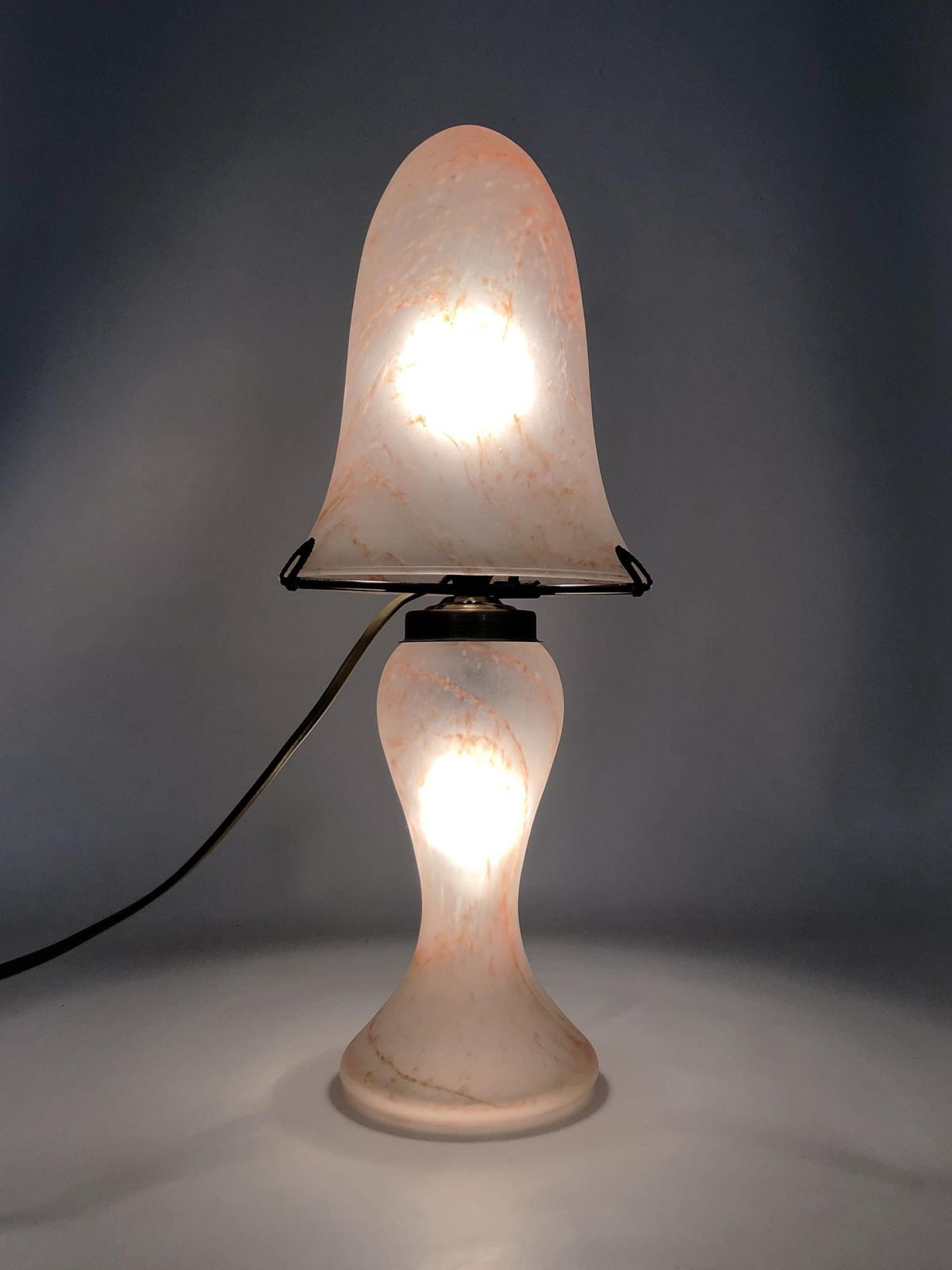 Two Light Mushroom Lamp In Transparent Glass Paste With Orange Speckles, Art Deco Style, Gallé, La Rochère photo furniture