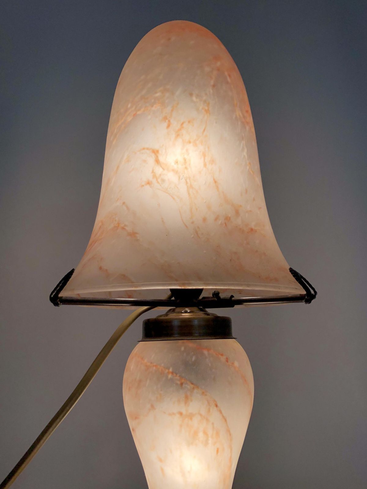 Two Light Mushroom Lamp In Transparent Glass Paste With Orange Speckles, Art Deco Style, Gallé, La Rochère photo Lighting