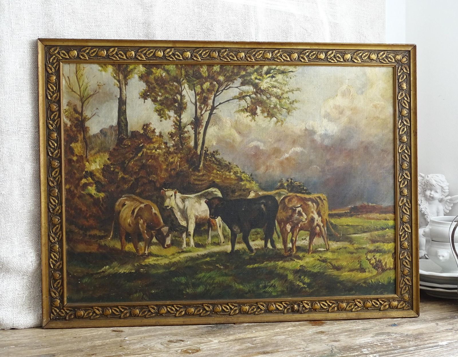 Antique Cows Oil Painting: Gesso Landscape In Gold Ornate Frame
