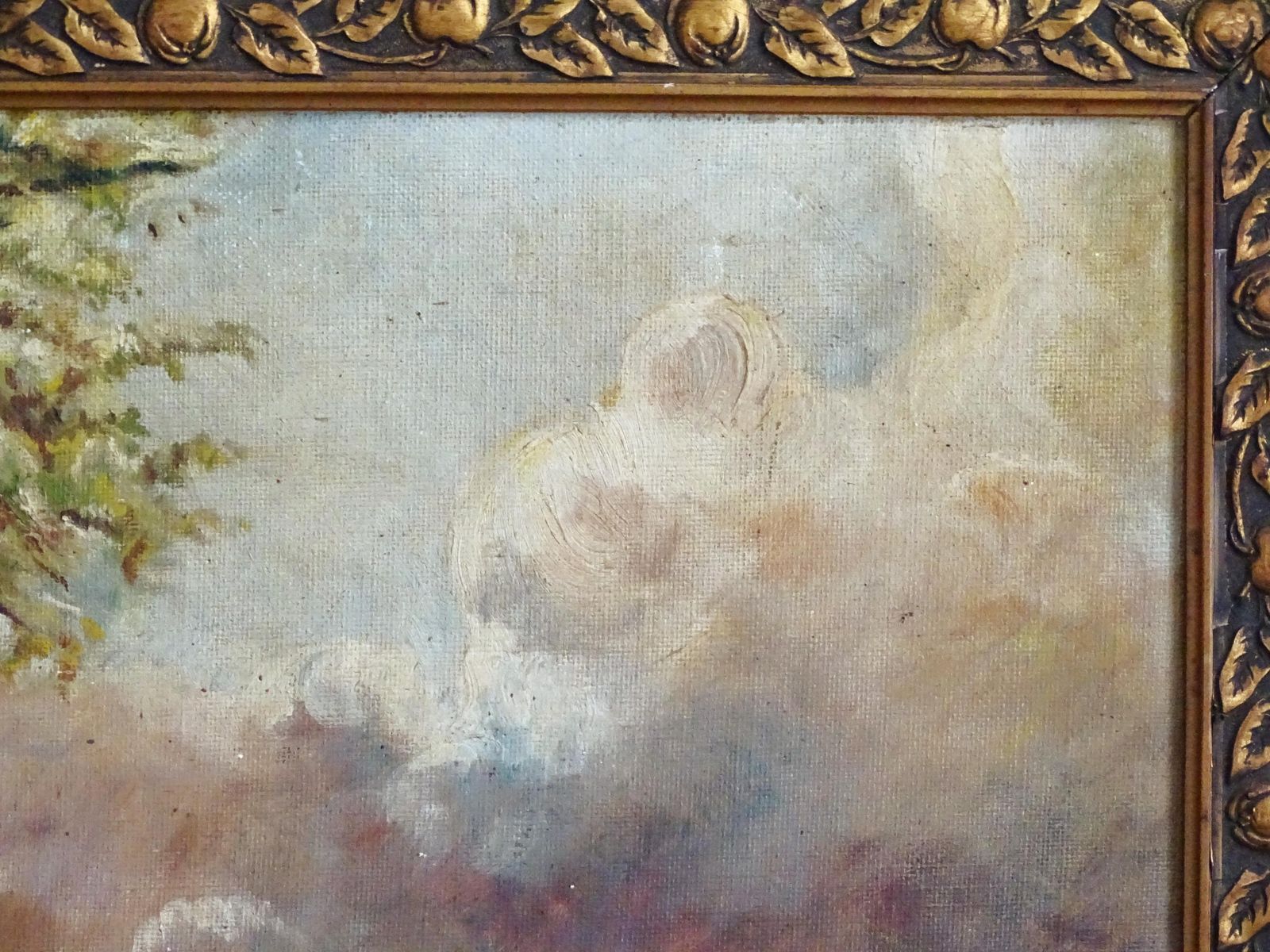 Antique Cows Oil Painting: Gesso Landscape In Gold Ornate Frame photo Art