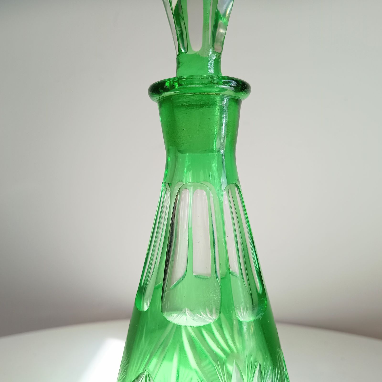 Vintage Bohemia Cut Glass Liqueur Carafe With Stopper Emerald Green Cut To Clear photo buy