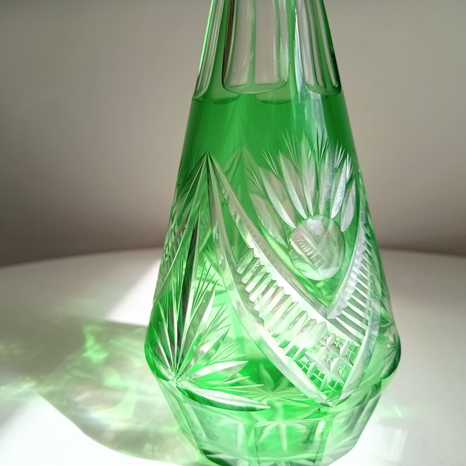 photo furniture Vintage Bohemia Cut Glass Liqueur Carafe With Stopper Emerald Green Cut To Clear