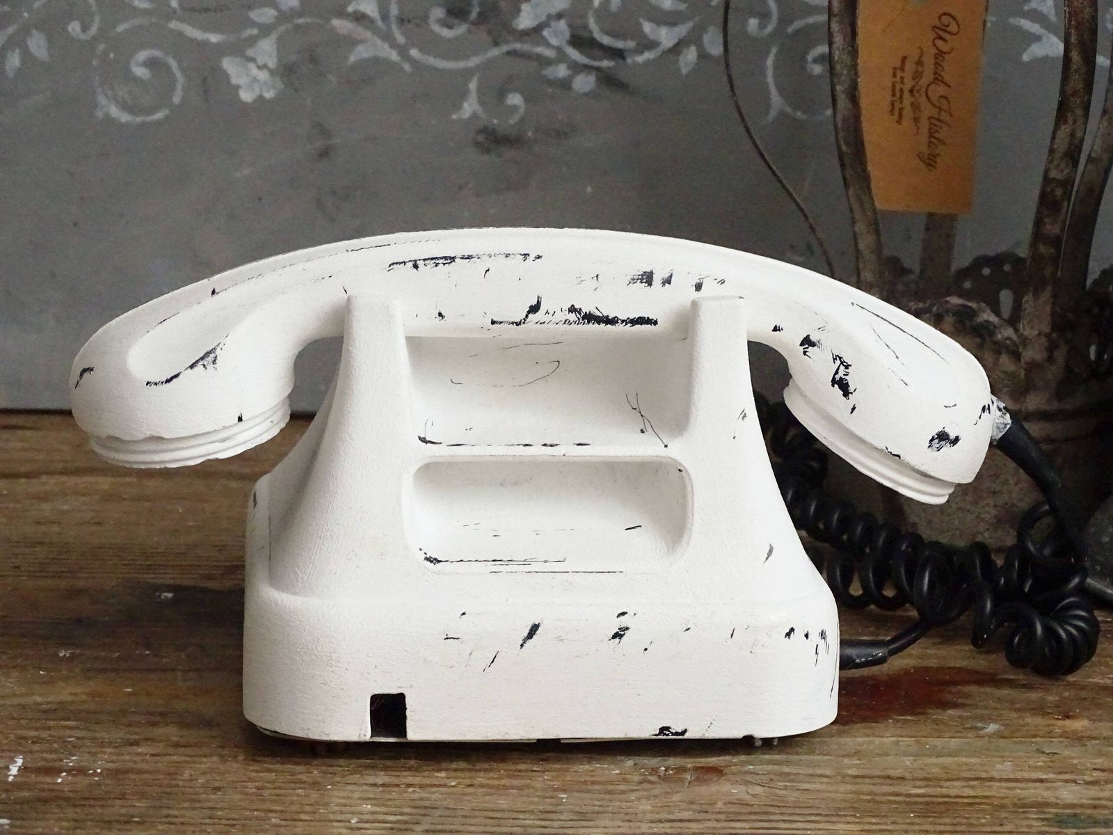 White Bakelite Rotary Telephone: Distressed Mcm Office Decor photo buy