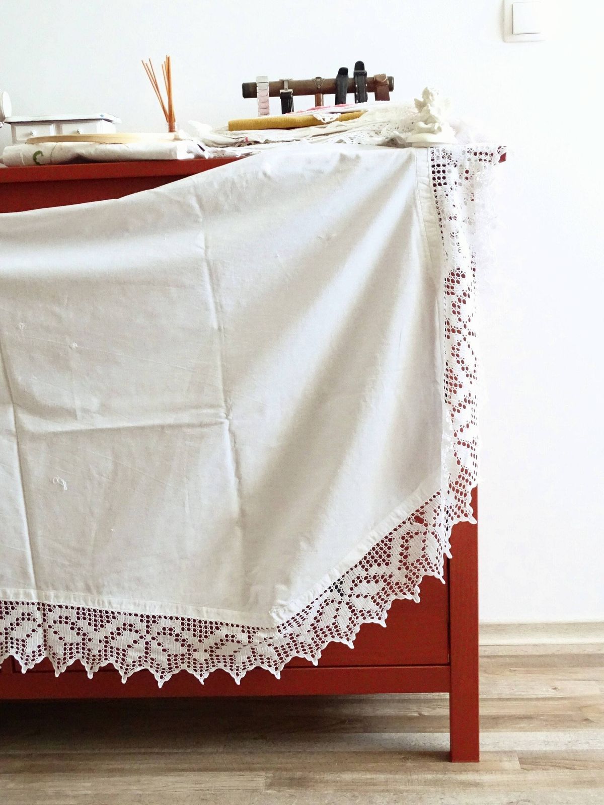 Antique Lace Cafe Curtain: Hand Crochet Trim, French Style Valance photo Textiles