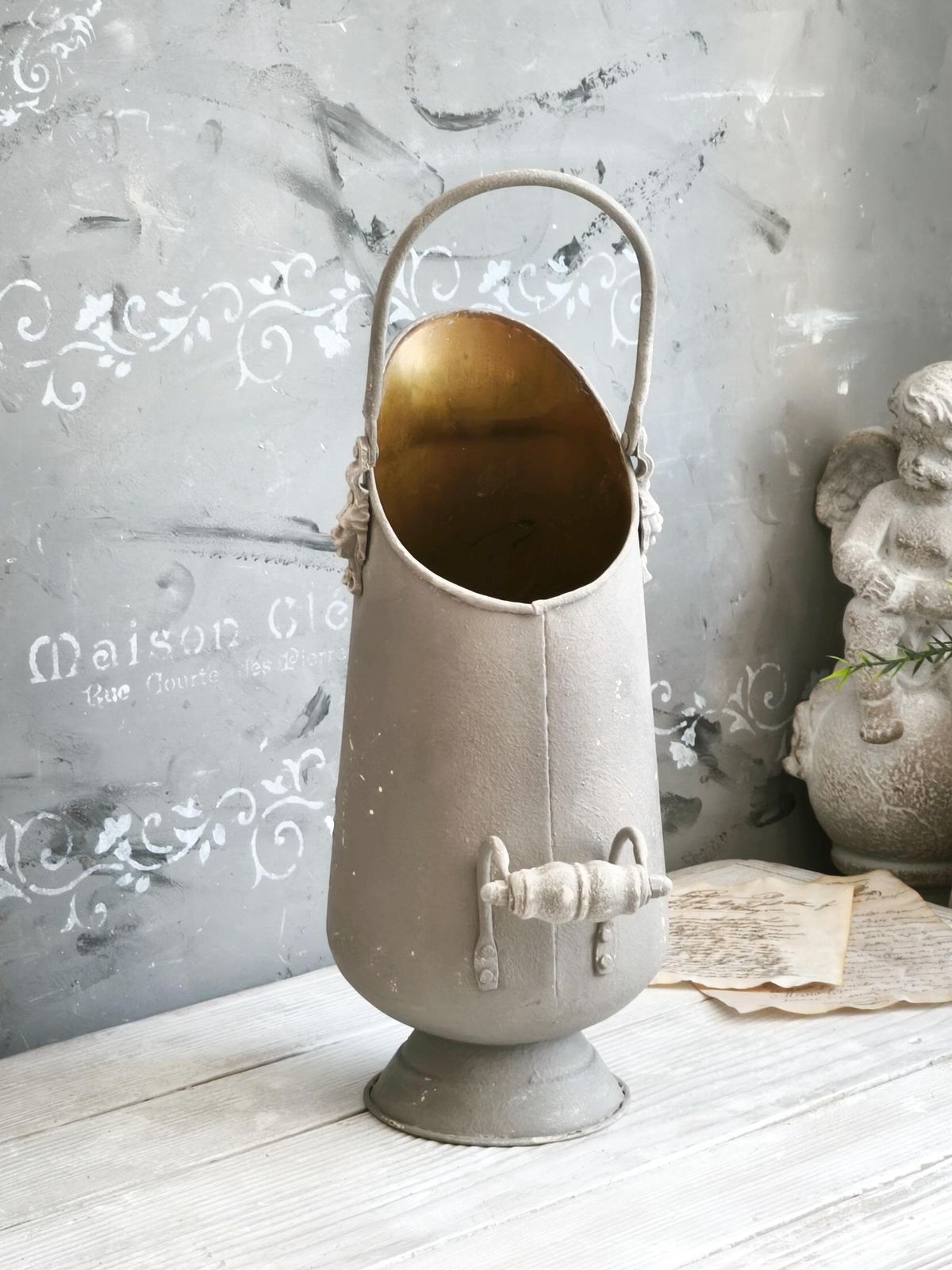 Brass Ash Scuttle Faux Concrete Lion Head, Metal Pitcher Vase, Distressed Coal Ash Bucket, Gray Shabby Chic Metal Planter, Fireplace Decor photo buy