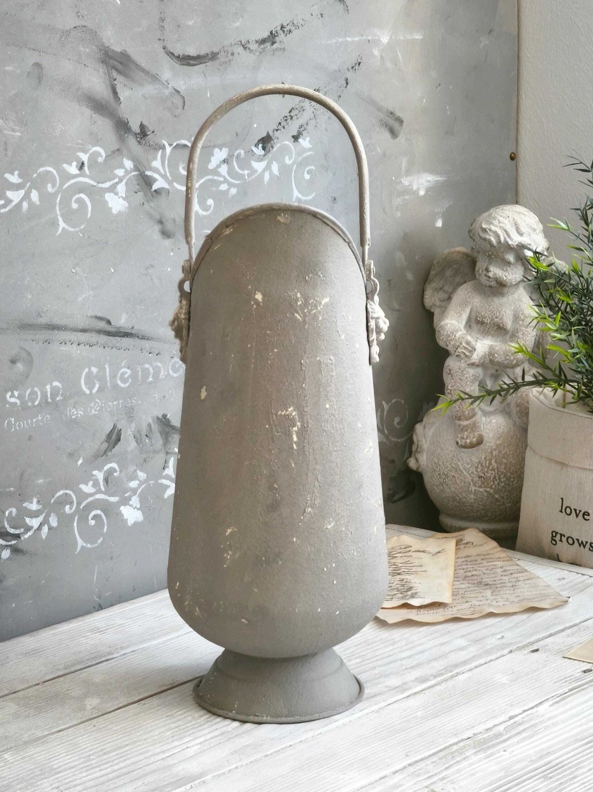 photo furniture Brass Ash Scuttle Faux Concrete Lion Head, Metal Pitcher Vase, Distressed Coal Ash Bucket, Gray Shabby Chic Metal Planter, Fireplace Decor