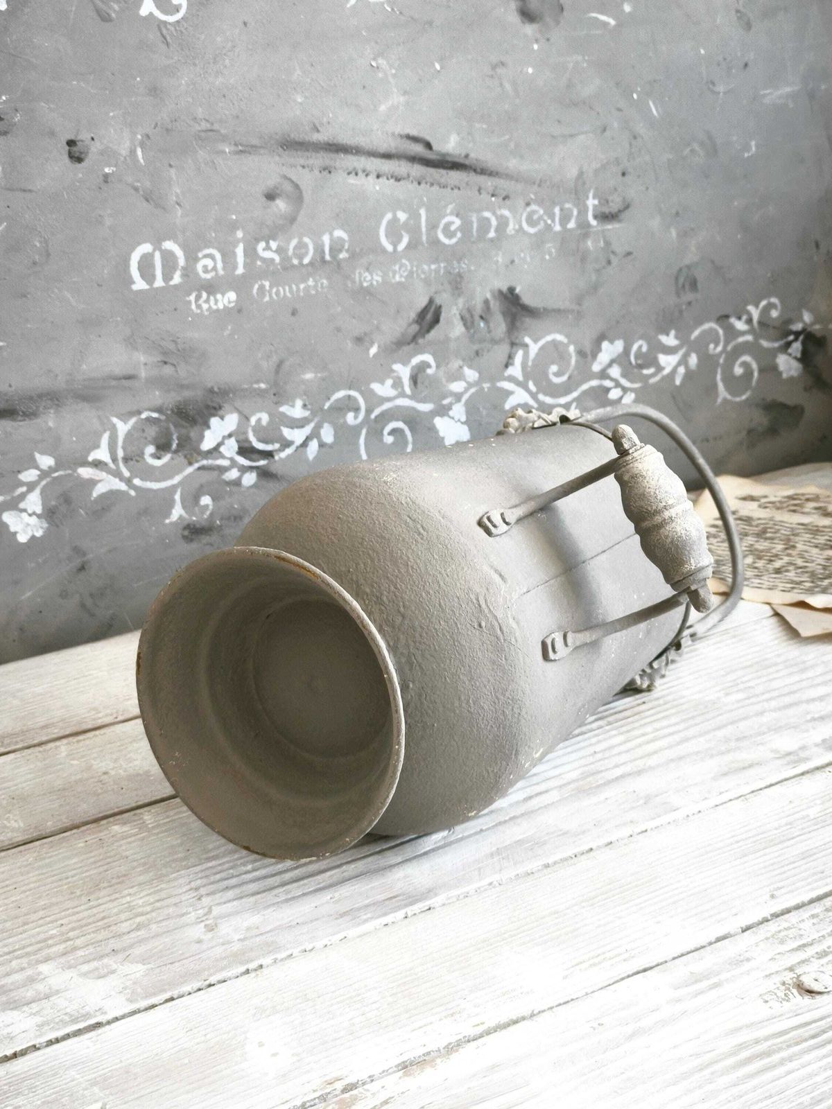 photo for sale Brass Ash Scuttle Faux Concrete Lion Head, Metal Pitcher Vase, Distressed Coal Ash Bucket, Gray Shabby Chic Metal Planter, Fireplace Decor
