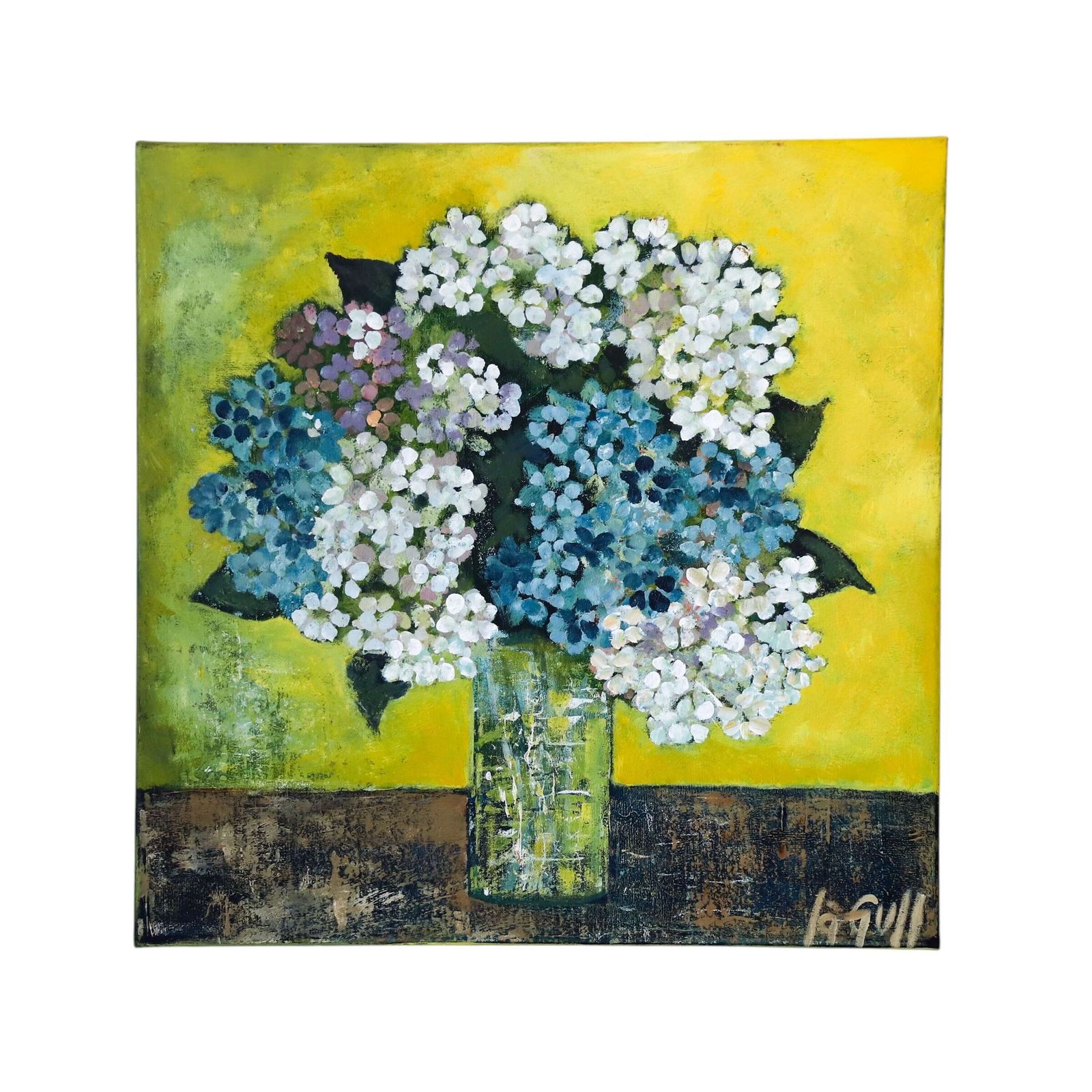 French 1976 Hydrangea Still Life Oil Painting – Contemporary Floral Elegance