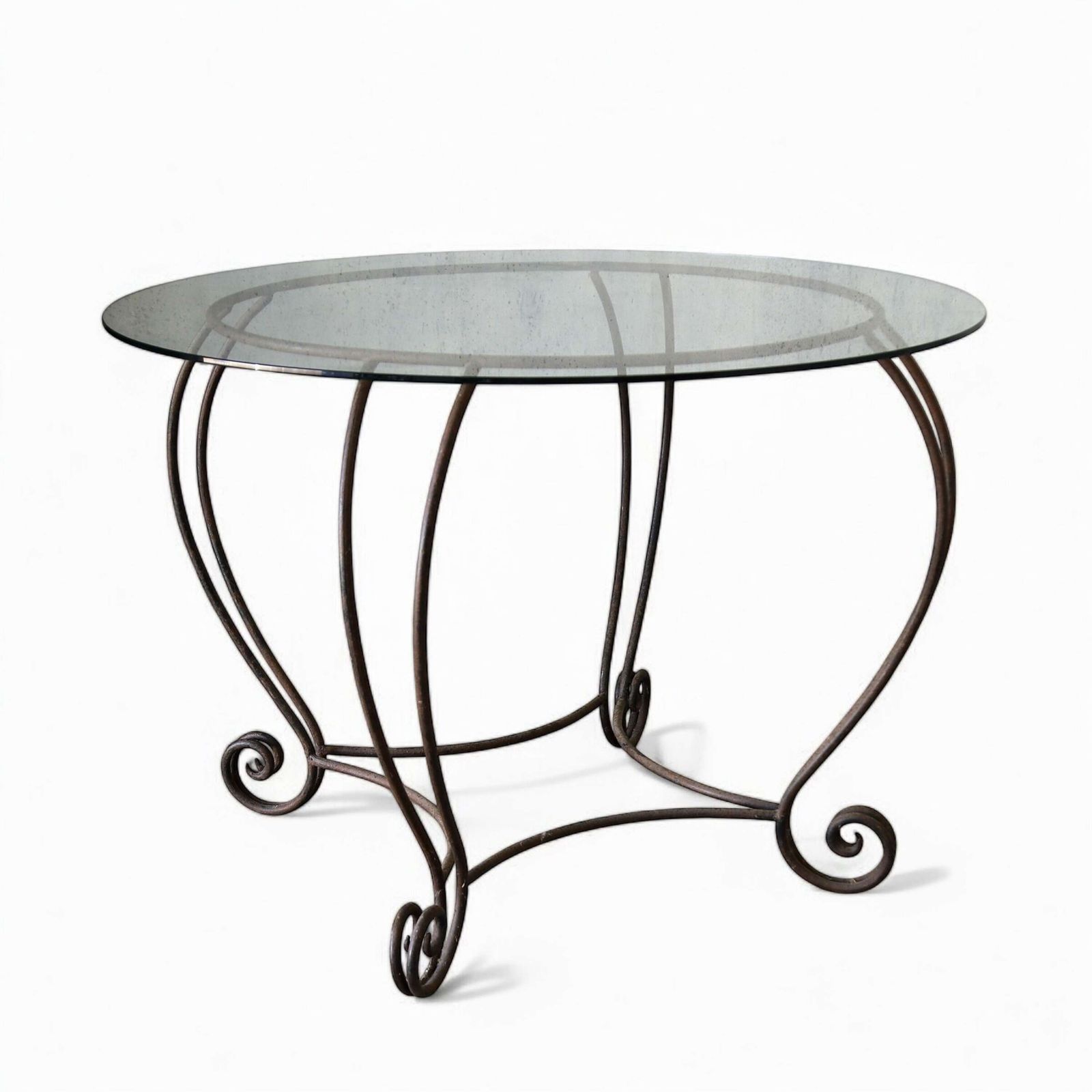 Stylish Mid Century Circular Table With Bevelled Glass Top And Decorative Metal Base