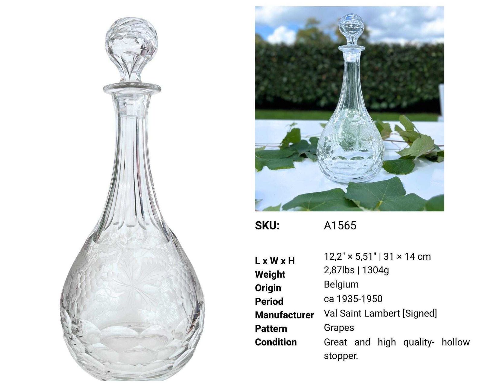 Val Saint Lambert Grapevine Decanter (Gesigneerd) photo for sale