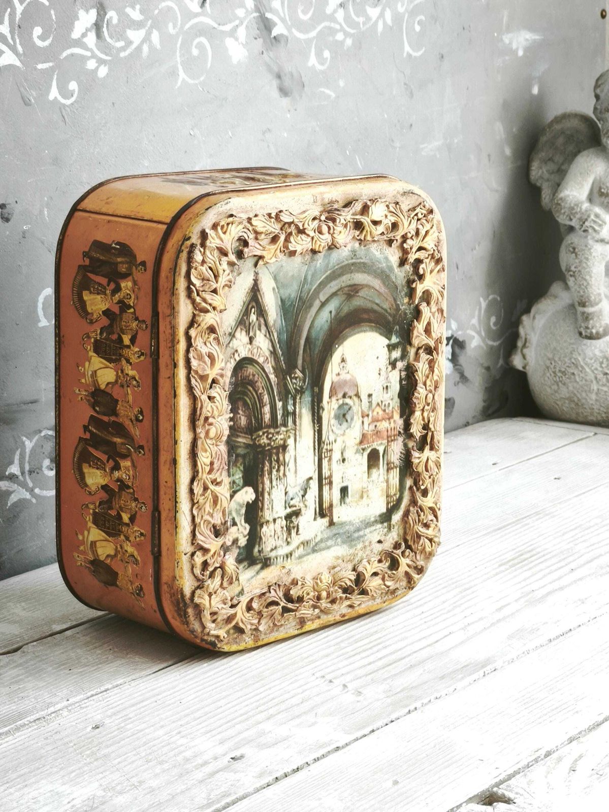 Vintage Medieval City Tin Box: Yellow Clay Border Decorative Storage photo furniture