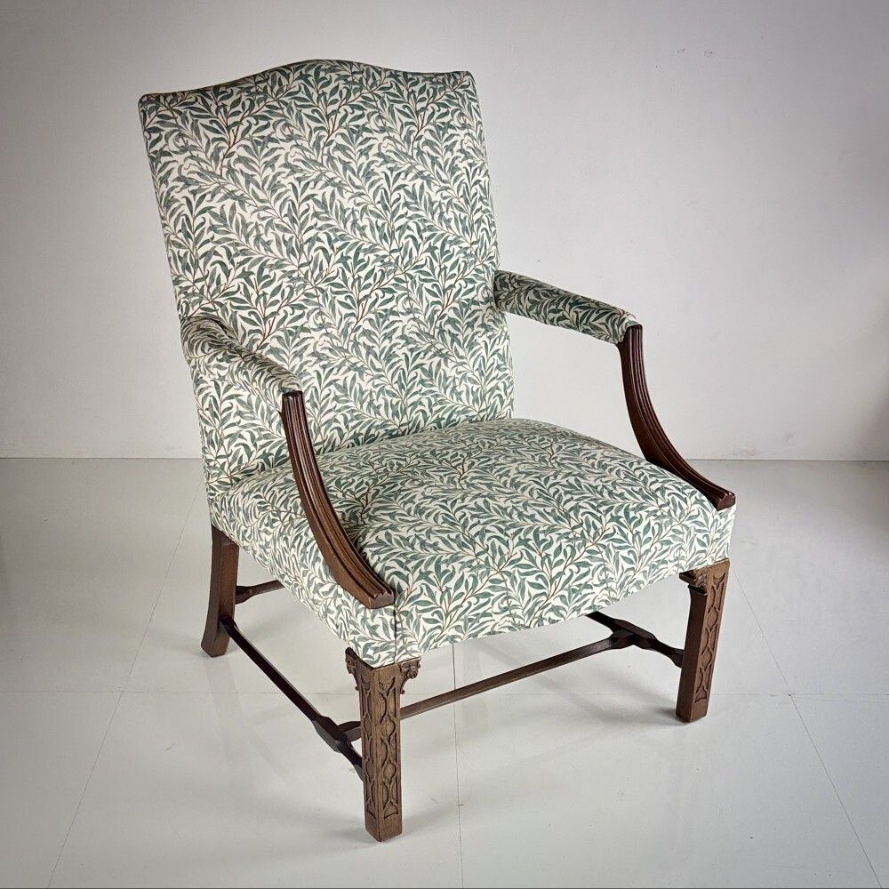 Large Scale Open Arm Library Chair In William Morris Willow Bough & Impressive Blind Fretwork