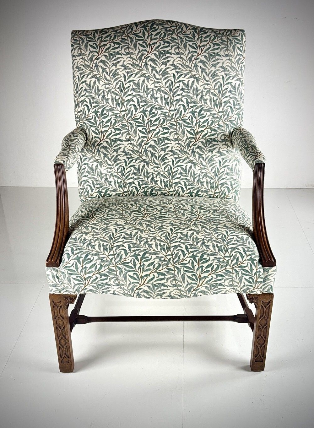 Large Scale Open Arm Library Chair In William Morris Willow Bough & Impressive Blind Fretwork photo furniture